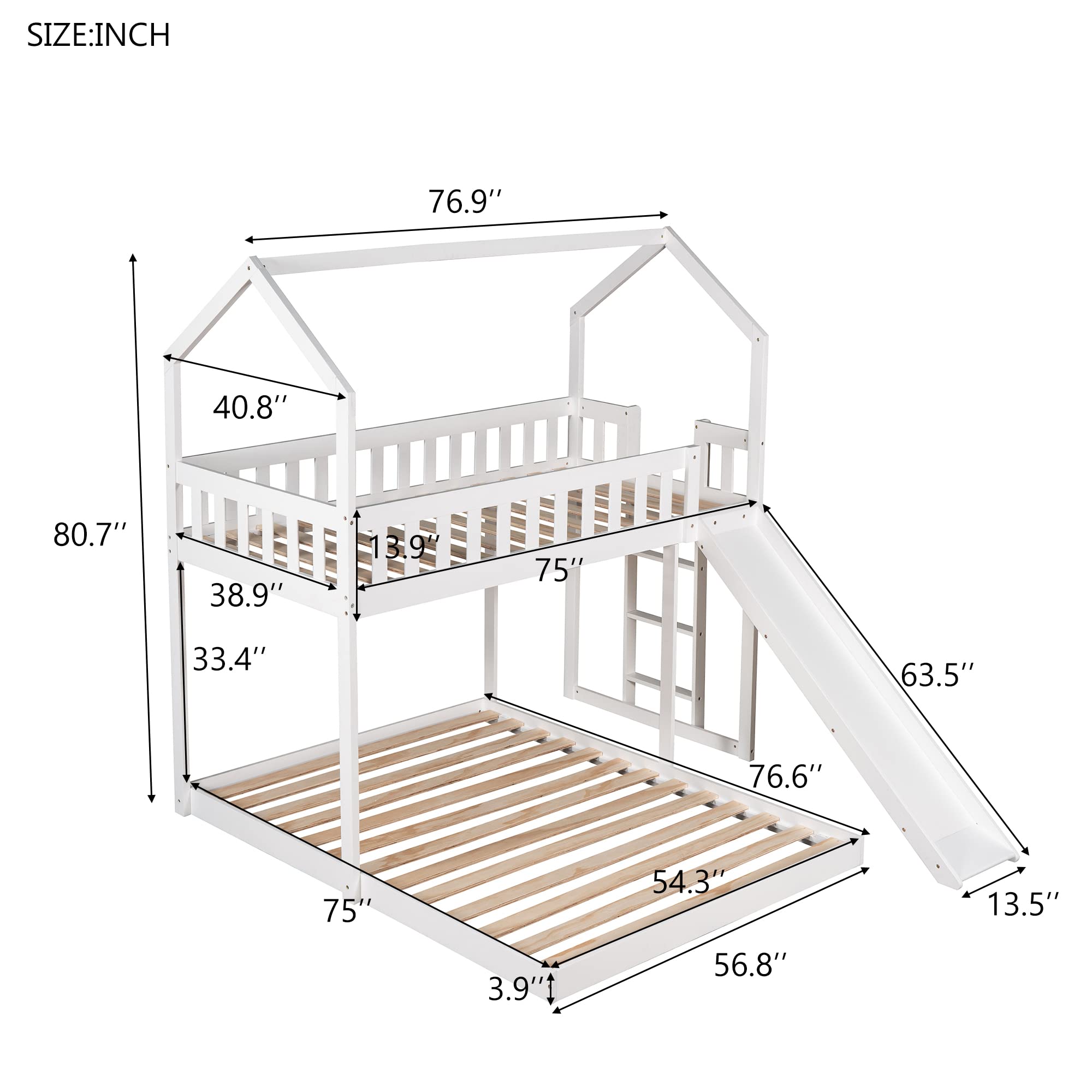 LZ LEISURE ZONE Twin Over Full Bunk Bed with Slide - Sturdy House Bunk Bed Frame with Built-in Ladder & Full-Length Guardrail - Perfect for Kids, Teens, Boys, Girls & Adults - White - Ideal for Small Bedrooms, Shared Kids Rooms & Space-Saving Sleep Solutions