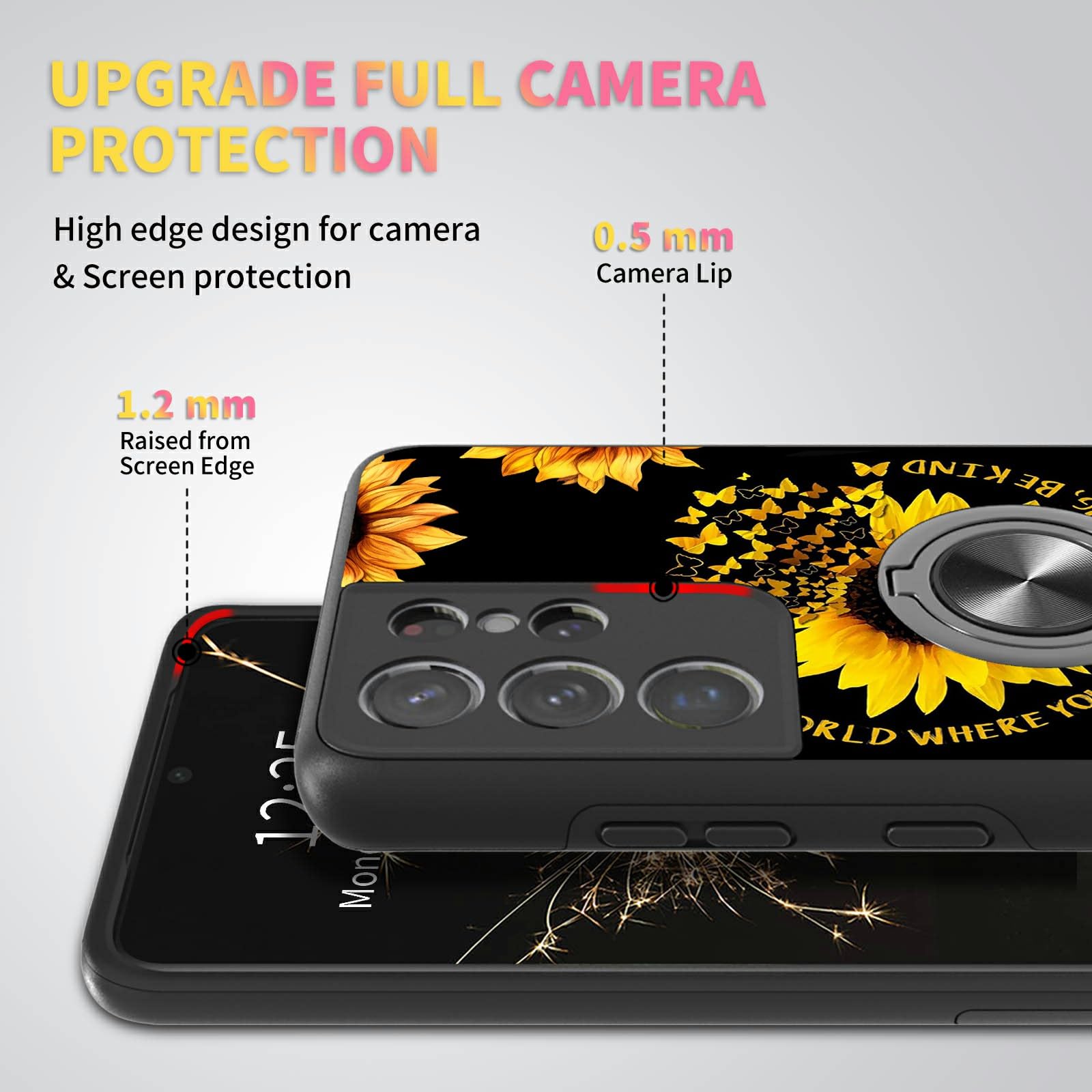Shockproof Full-Body Protective Case for Samsung Galaxy S21 Ultra with Magnetic Ring Holder - Lightweight Rugged Phone Cover & Car Mount Accessory (Sunflower Butterfly Design) - Perfect for Driving, Outdoor Activities and Daily Protection