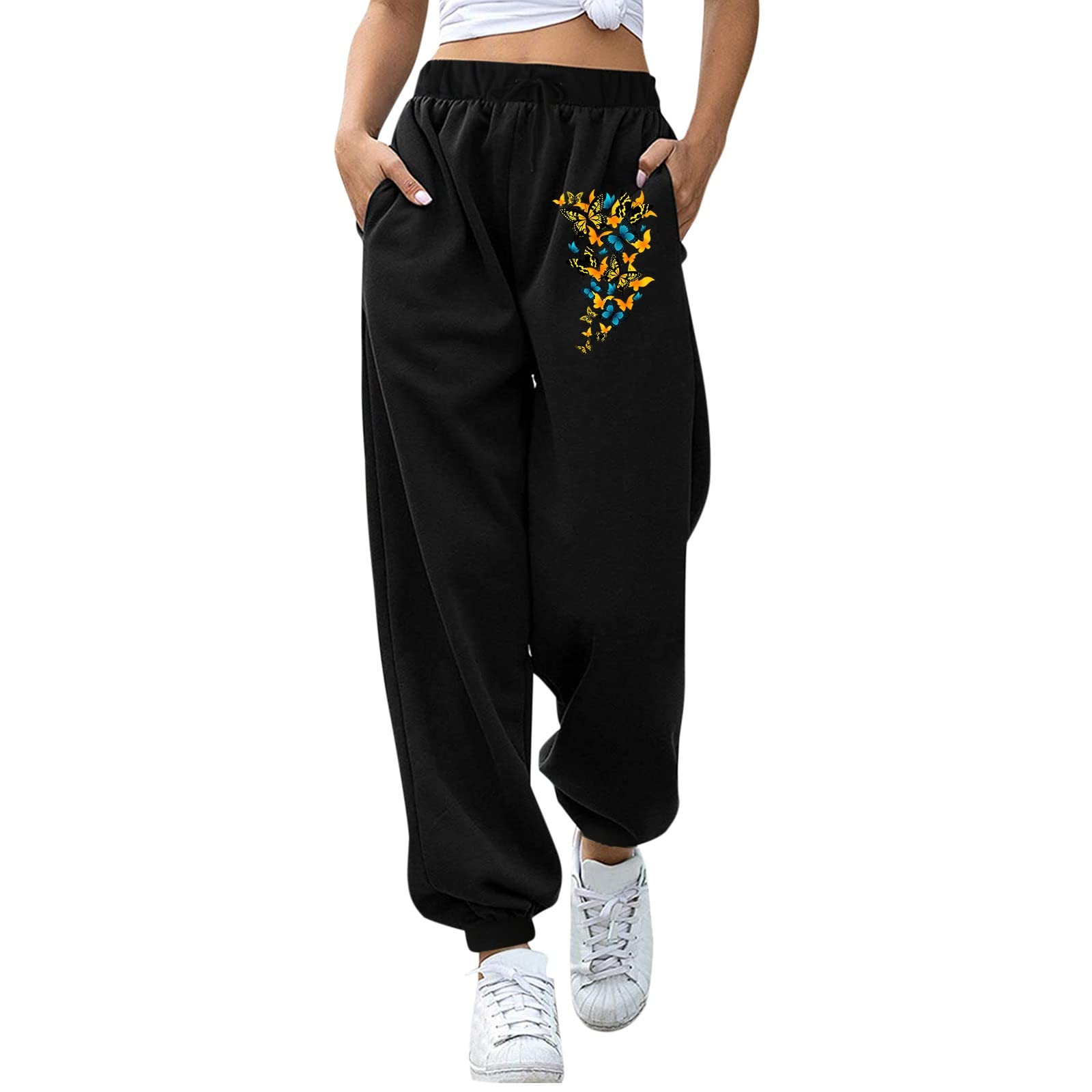 Women's High Waisted Black Butterfly Print Loose Fit Long Pants - Casual & Office Work Trousers for Tall Women | Perfect for Business Attire & Everyday Wear