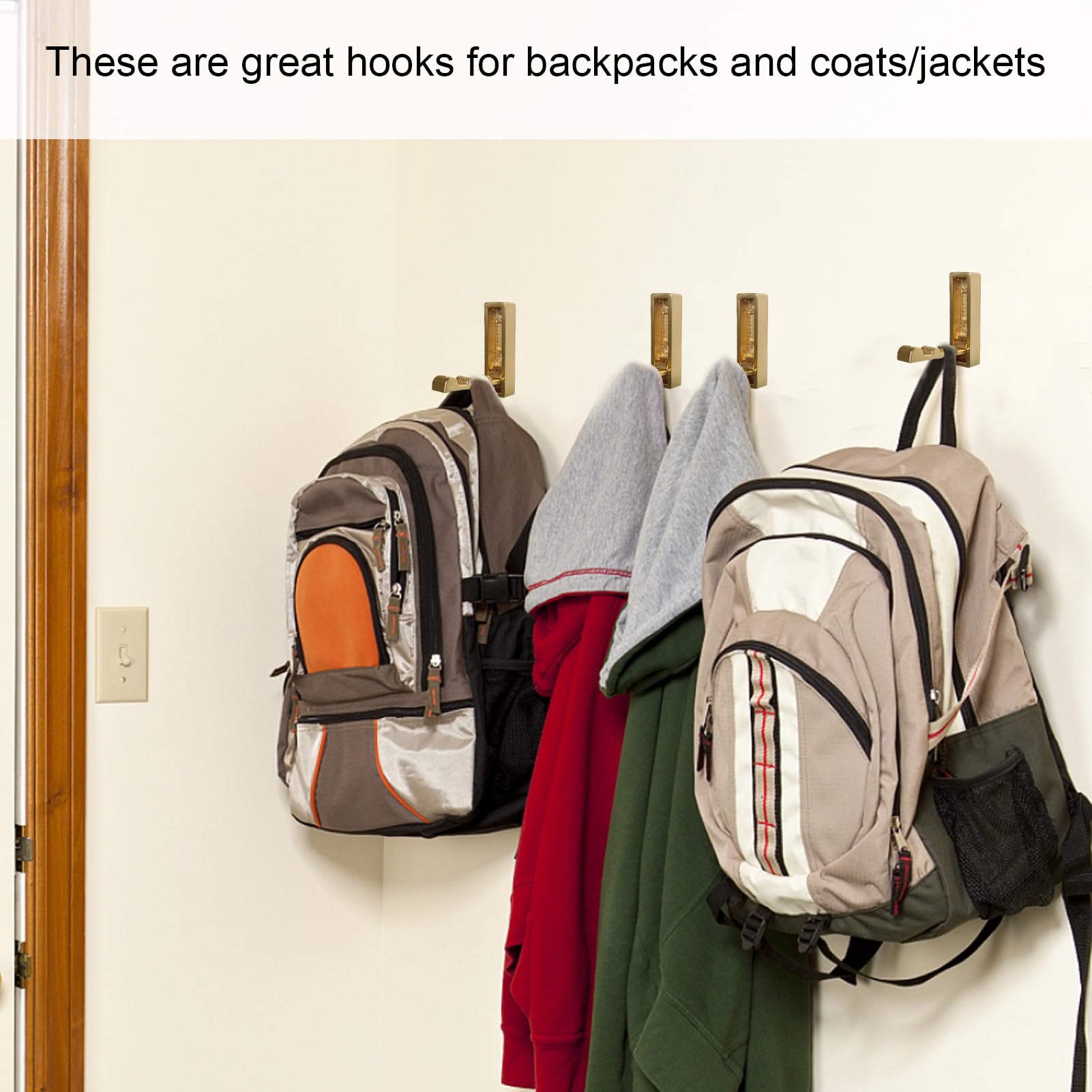 Foldable Gold Wall Hooks - Heavy Duty Brushed Gold Hangers for Coats, Towels, Backpacks & Bags - Space Saving Bathroom, Closet, Entryway, Pool & Kitchen Organizer (Set of 4) - Perfect for Home Decor & Small Space Organization
