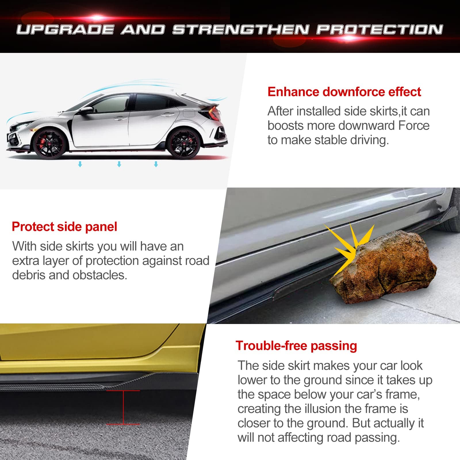 Universal Fit Car Side Skirts - Rocker Panel Protector with Splitter Winglets & Diffuser Bottom Line Extension Body Kit | Durable Protection & Enhanced Style for Sedans, Coupes & Sports Cars | Perfect for Daily Driving & Car Shows