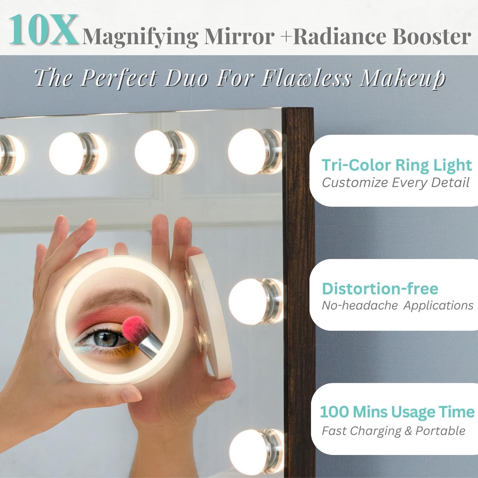 LUXFURNI Hollywood Vanity Mirror with 18 LED Lights - Large Lighted Makeup Mirror for Tabletop or Wall Mount, Rustic Brown (26