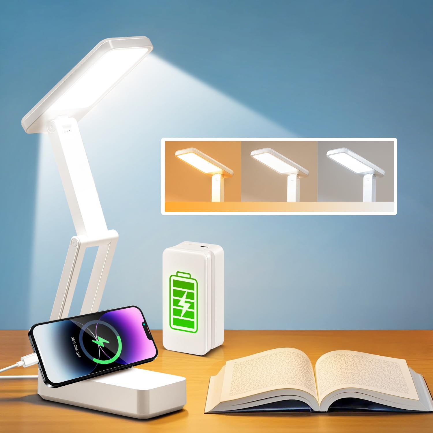 Rechargeable Small Desk Lamp - 6000mAh Battery, 3 Color Modes & 15 Brightness Levels, USB Charging Portable Light for Reading, Studying, Nail Art, Puzzles, and Office Work