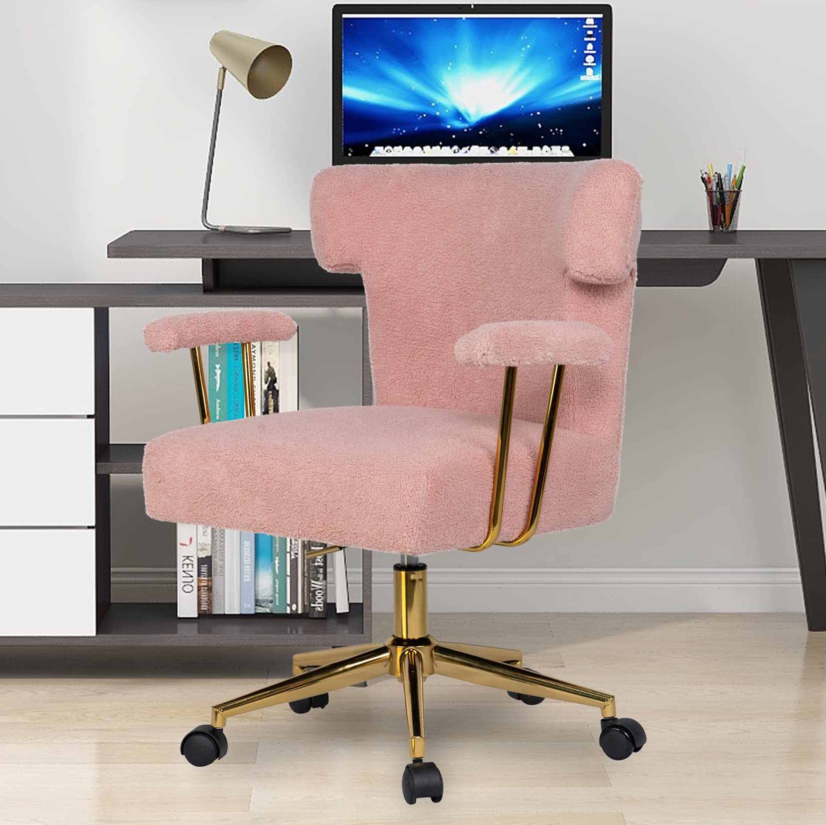 HomVent Faux Fur Swivel Chair with Arms - Upholstered Curved Back Fluffy Vanity Makeup Chair for Bedroom, Dressing Room & Home Office