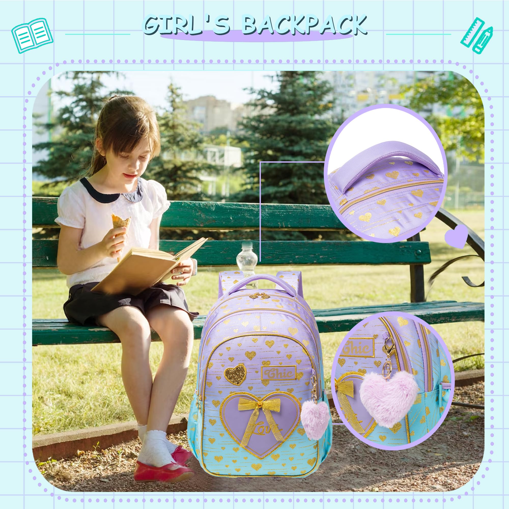 **Meetbelify Girls Backpack for School - Cute Canvas Laptop Backpack with Lunch Box for Elementary Students Ages 8-10 - Perfect for Travel, Daily Use & Back to School Supplies**