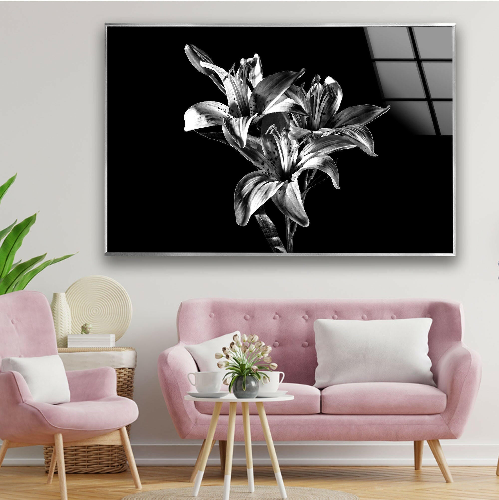 Black X-Ray Lily Flower Glass Wall Art - Elegant Home Decor for Living Room, Bedroom & Office - Perfect Gift for Housewarming, Wedding & Birthday