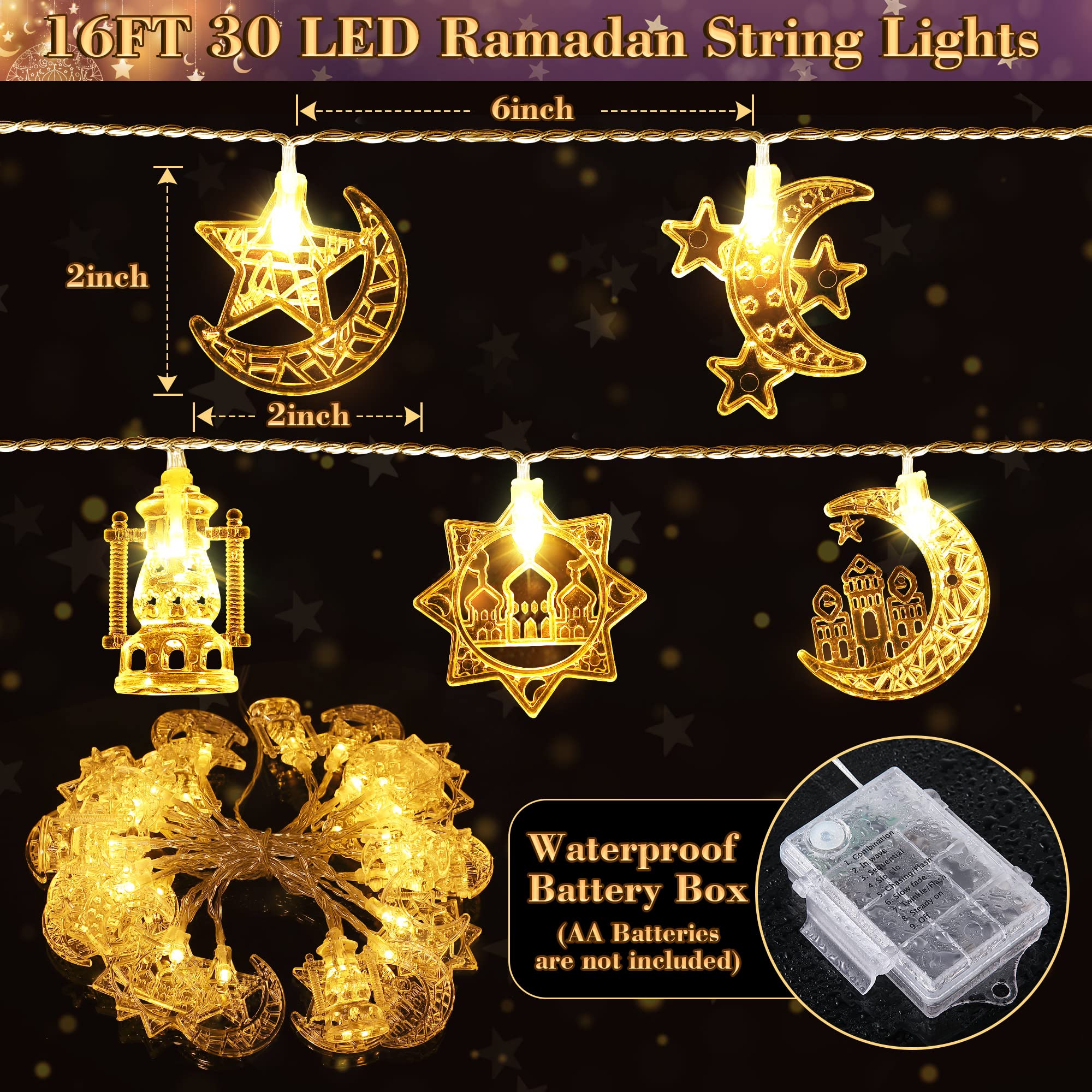Hiboom 2 Pack 16 ft Moon Star Ramadan String Lights - 30 LED Battery Operated Fairy Lights with Remote Control for Ramadan & Eid Decorations (Warm White) - Perfect for Indoor/Outdoor Home, Garden, Party, and Festival Decor