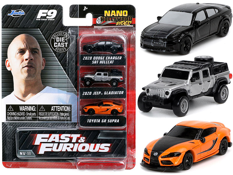 Fast & Furious 9 (2021) Movie 3-Piece Nano Hollywood Rides Diecast Model Car Set by Jada - Collectible Toy Cars for Movie Fans & Display