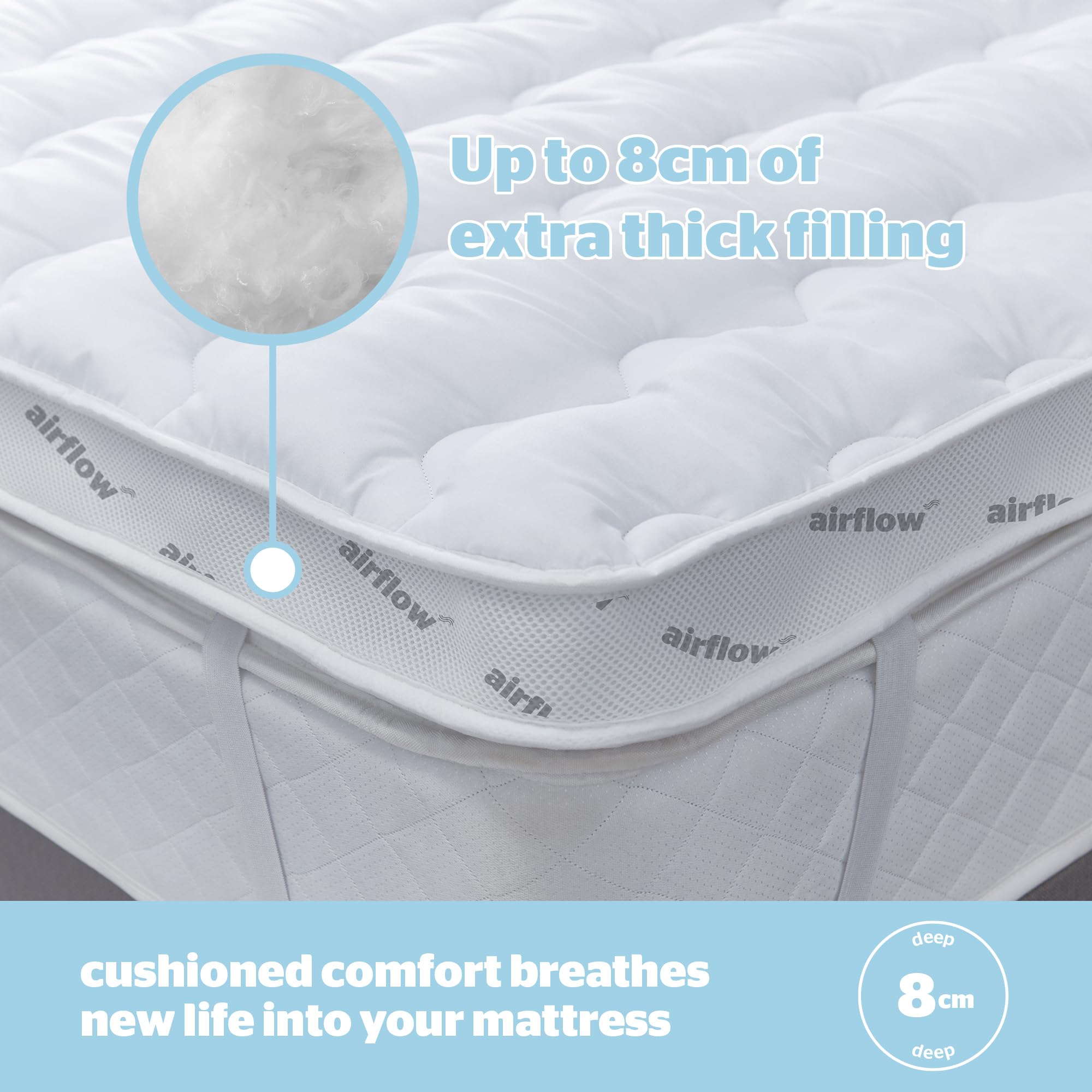Silentnight Airflow 800 Double Mattress Topper - 8cm Extra Thick Cooling Mattress Pad with Deep Fitted Design, Breathable Mesh Sides & Elastic Straps - Double Size 190x135cm (75x53in) - White - Perfect for Hot Sleepers & Pressure Relief