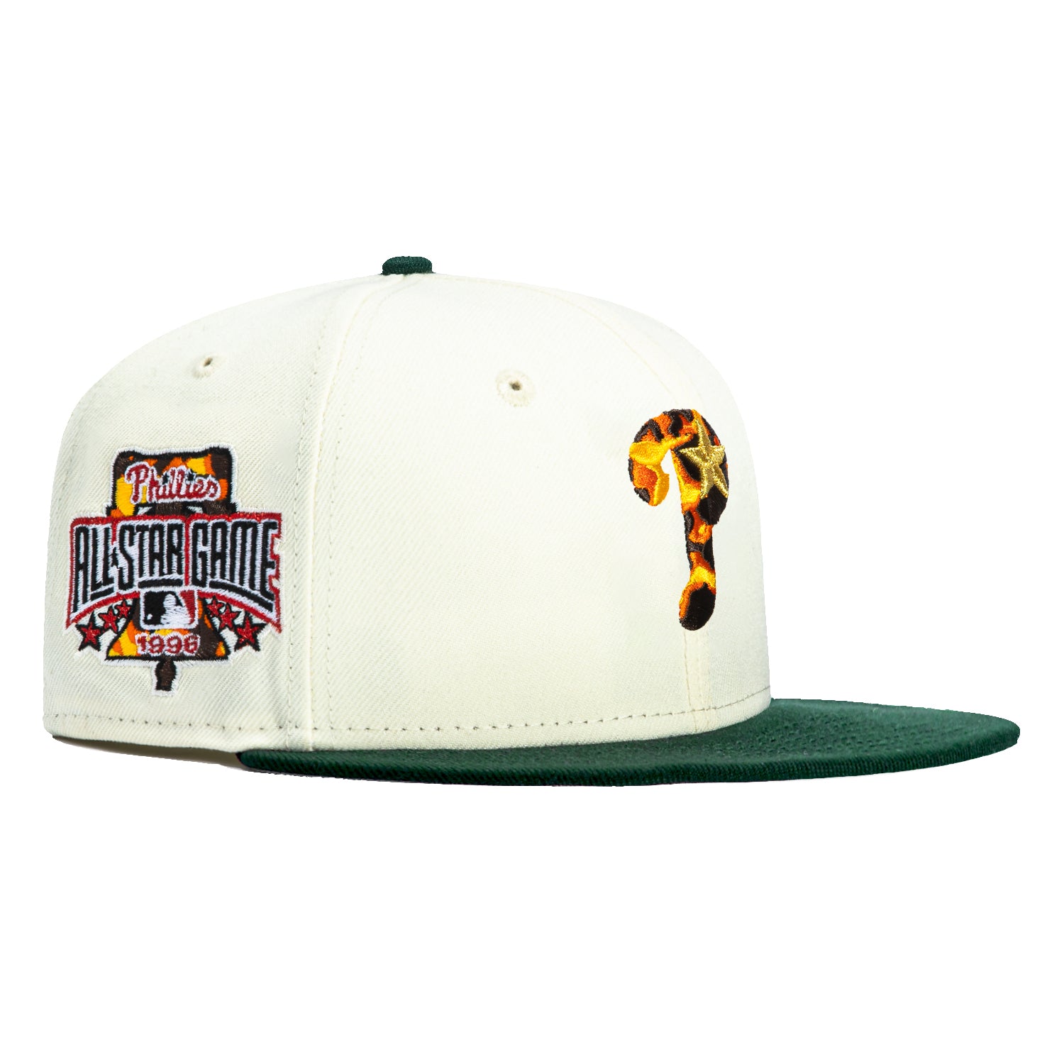 New Era 59Fifty Tortoise Shell Philadelphia Phillies 1996 All Star Game Patch Hat - White & Green Snapback Baseball Cap for Men - Vintage MLB Fan Gear for Sports Games & Casual Wear