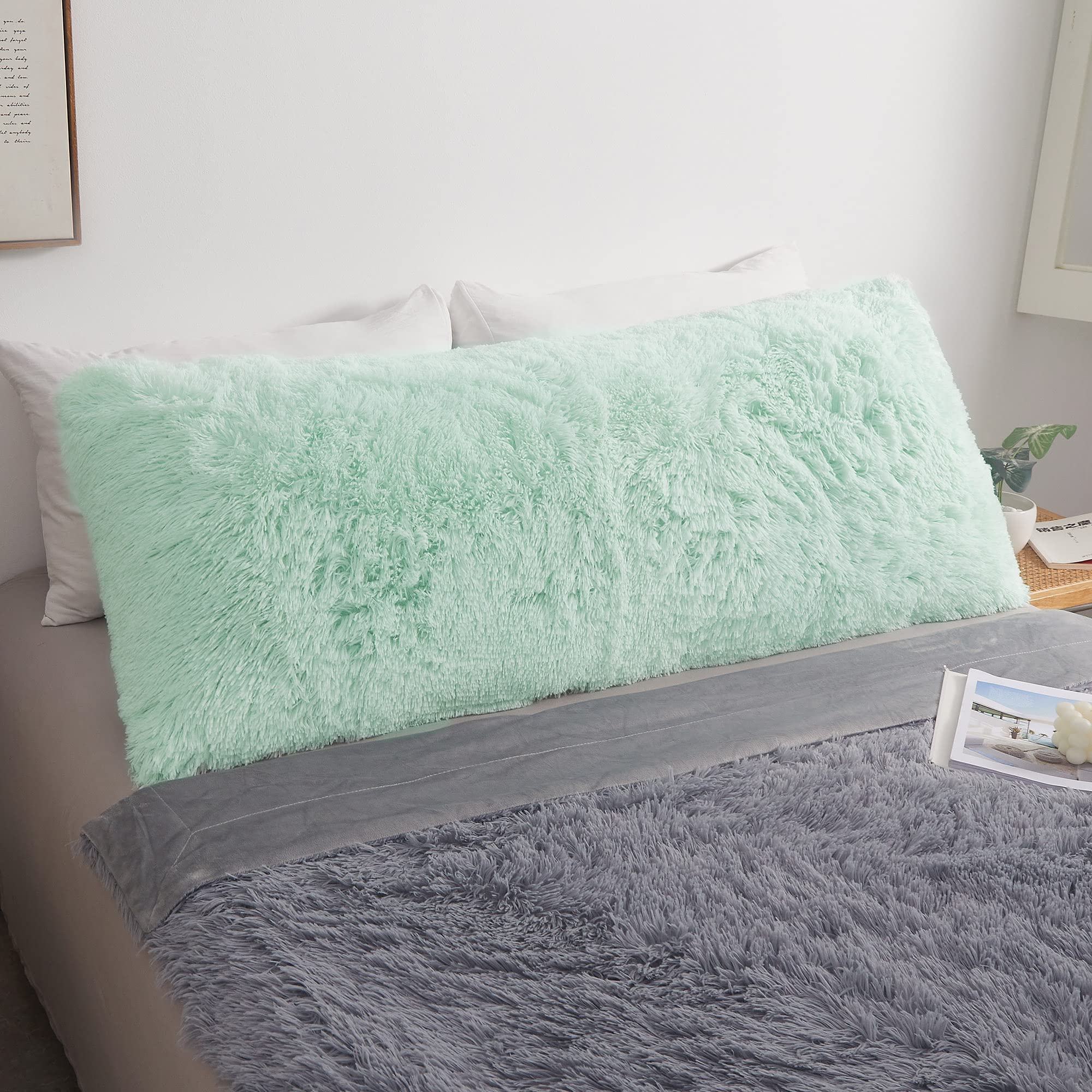 Luxury Fluffy Body Pillow Cover 20x54 Inches - Soft Shaggy Faux Fur Pillowcase with Zipper Closure, Plush Hug Pillow for Bedroom, Couch & Dorm - Aqua Green Decorative Furry Long Pillow for Adults & Teens