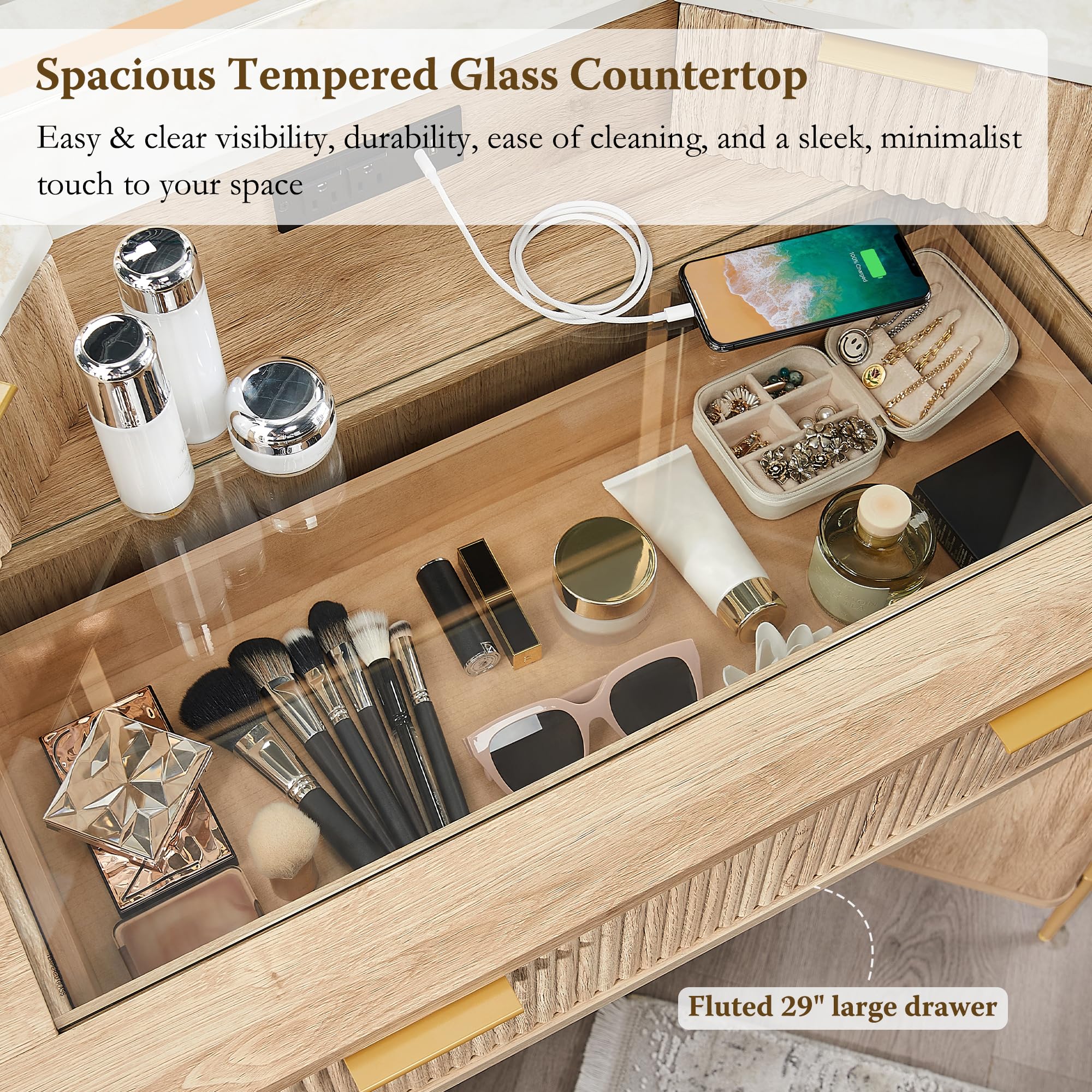 T4TREAM 48 Inch Fluted Makeup Vanity Desk with HD Triple Mirror & LED Lights - Modern Lighted Corner Dressing Table with Glass Top, 3 Drawers & 2 Cabinets - Natural Oak Finish for Bedroom, Home Decor & Beauty Room Organization