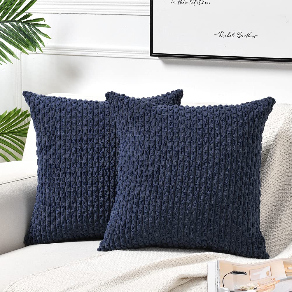 2 Pack Navy Blue Decorative Throw Pillow Covers 18x18 Inch (45x45 cm) - Soft Plush Corduroy Cushion Cases for Couch, Bed & Sofa - Modern Farmhouse Boho Home Decor - Perfect for Living Room, Bedroom & Cozy Home Styling