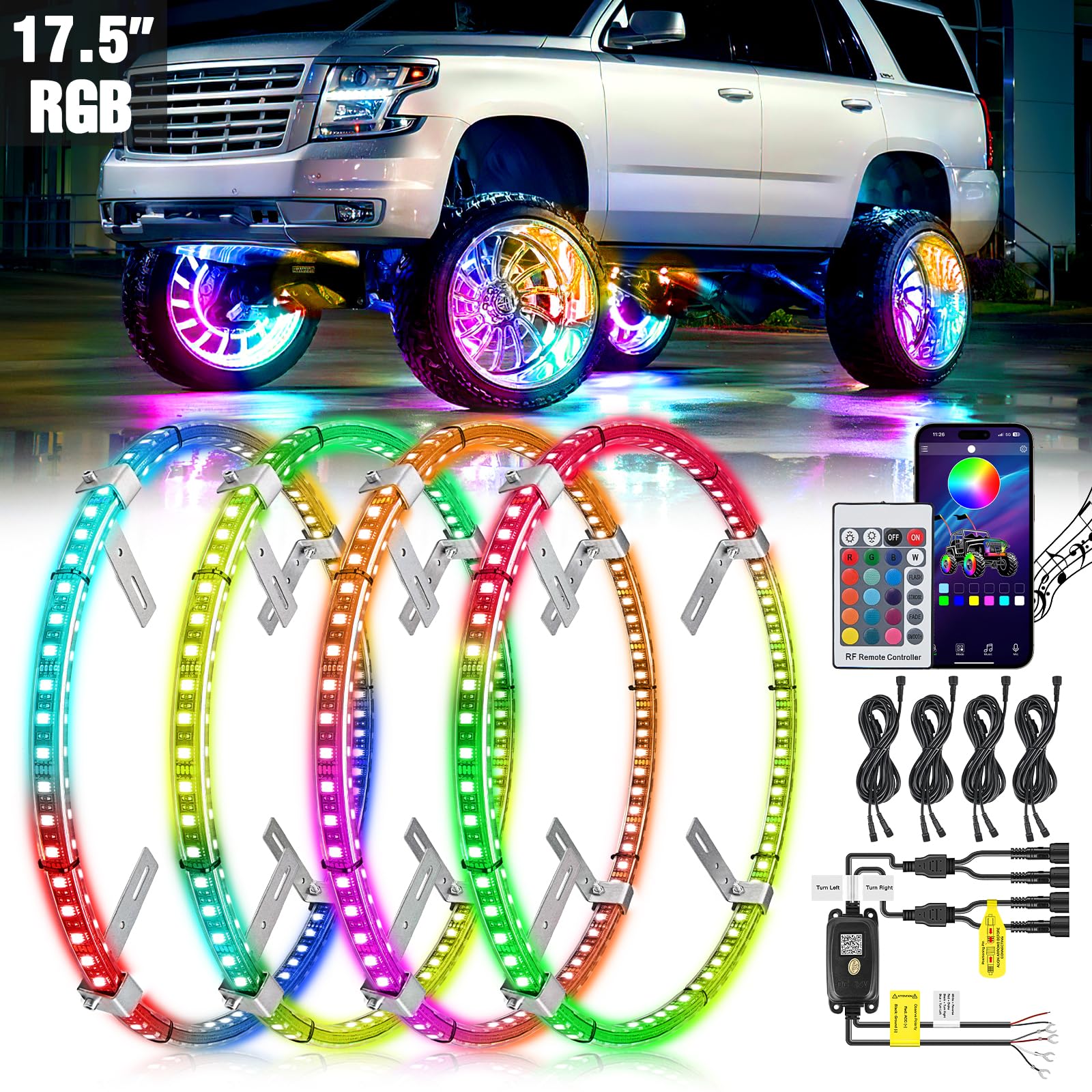Nilight 4PCS 17.5inch RGB LED Wheel Ring Lights with APP & Remote Control - Dual Row Neon Lights with Turn Signal & Braking Function for Cars, SUVs, Trucks & Vans - Perfect for Off-Roading, Car Shows & Night Driving