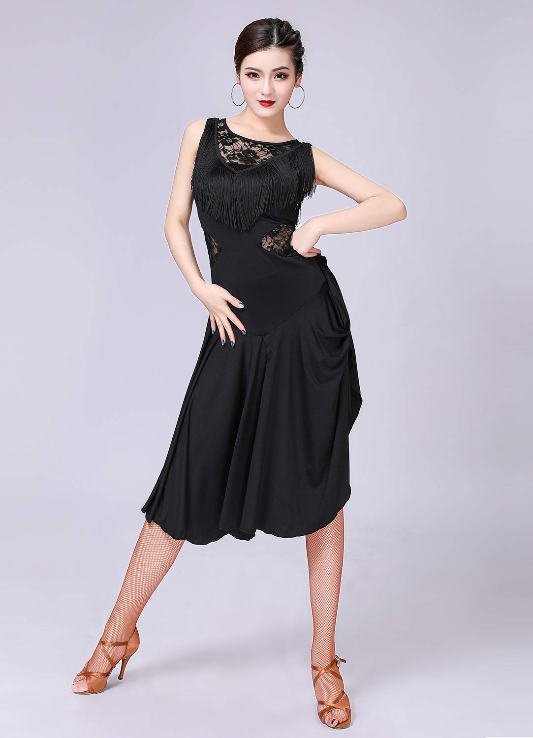 Elegant Ballroom Dance Dresses for Women - Fringed Lace Back Salsa Latin Dance Dress with Built-in Shorts (5 Color Options) | Perfect for Salsa, Latin, Tango & Social Dancing