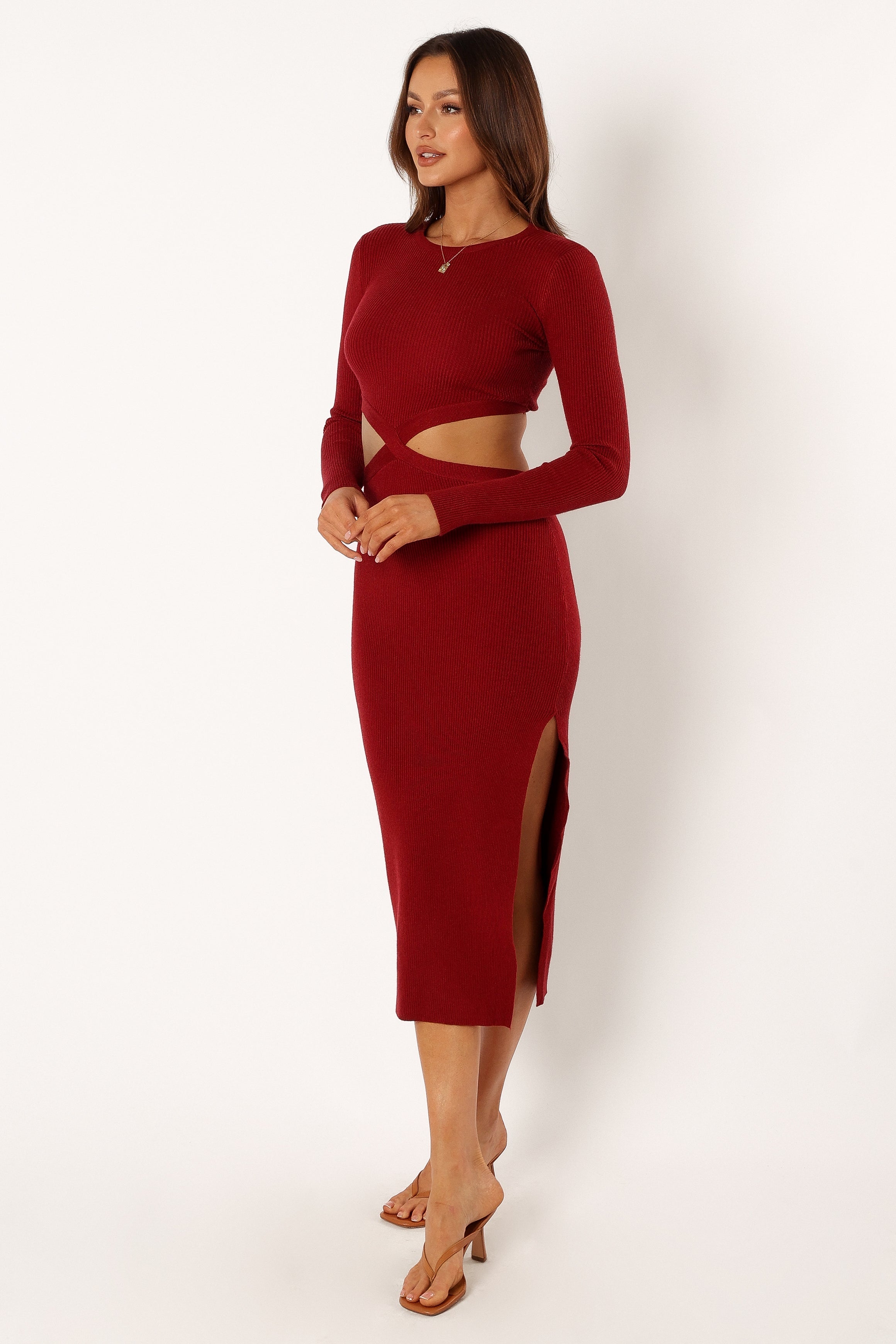 Jonah Long Sleeve Midi Dress for Women - Elegant Red Dahlia Floral Print, Stretchy Comfort Fit, Perfect for Fall/Winter, Office Wear & Date Night Outfits
