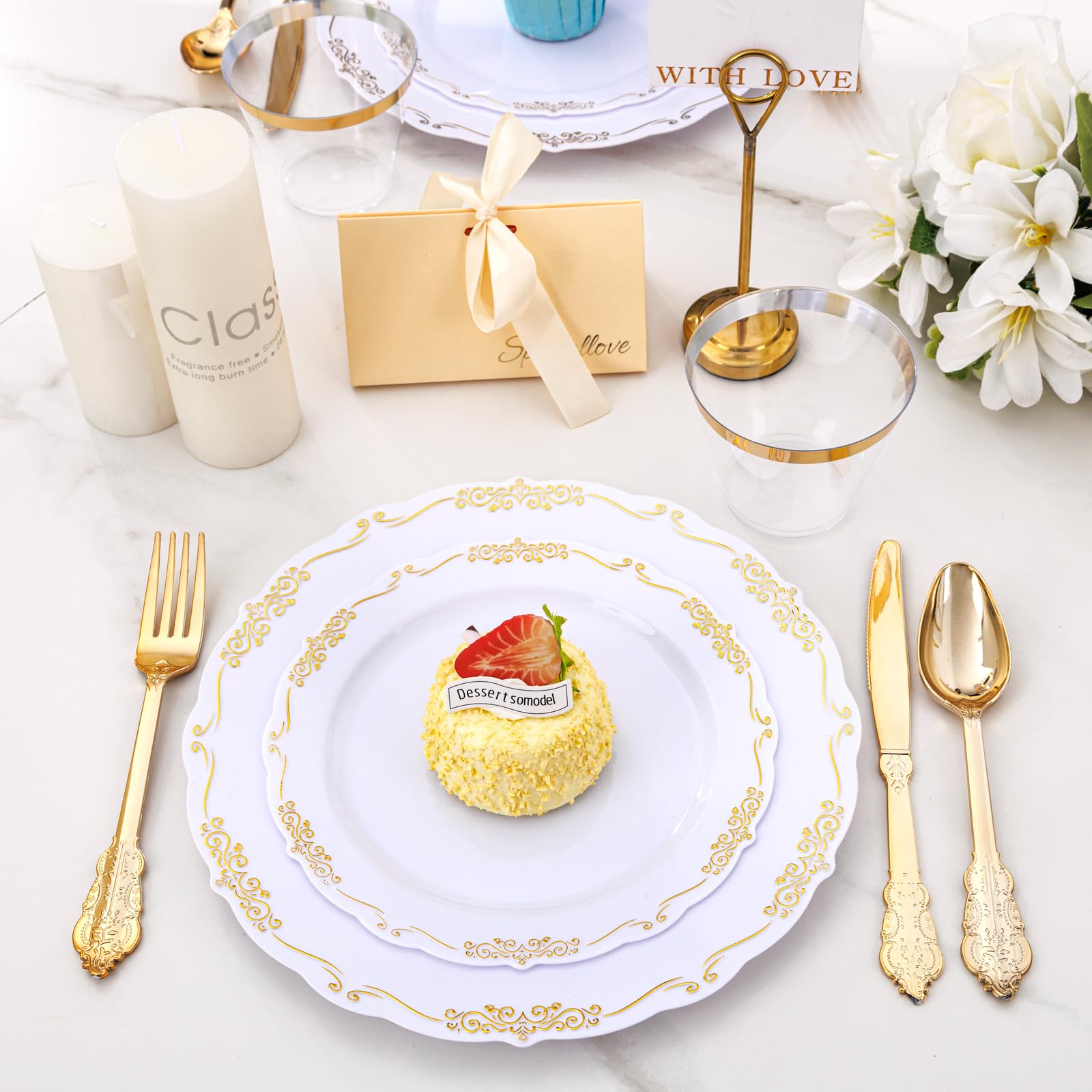 175-Piece Gold Plastic Party Dinnerware Set - 25 Dinner Plates, 25 Dessert Plates, 25 Gold Cutlery, 25 9oz Cups & 25 Rolled Napkins - Elegant White & Gold Disposable Tableware for Weddings, Birthdays & Special Events