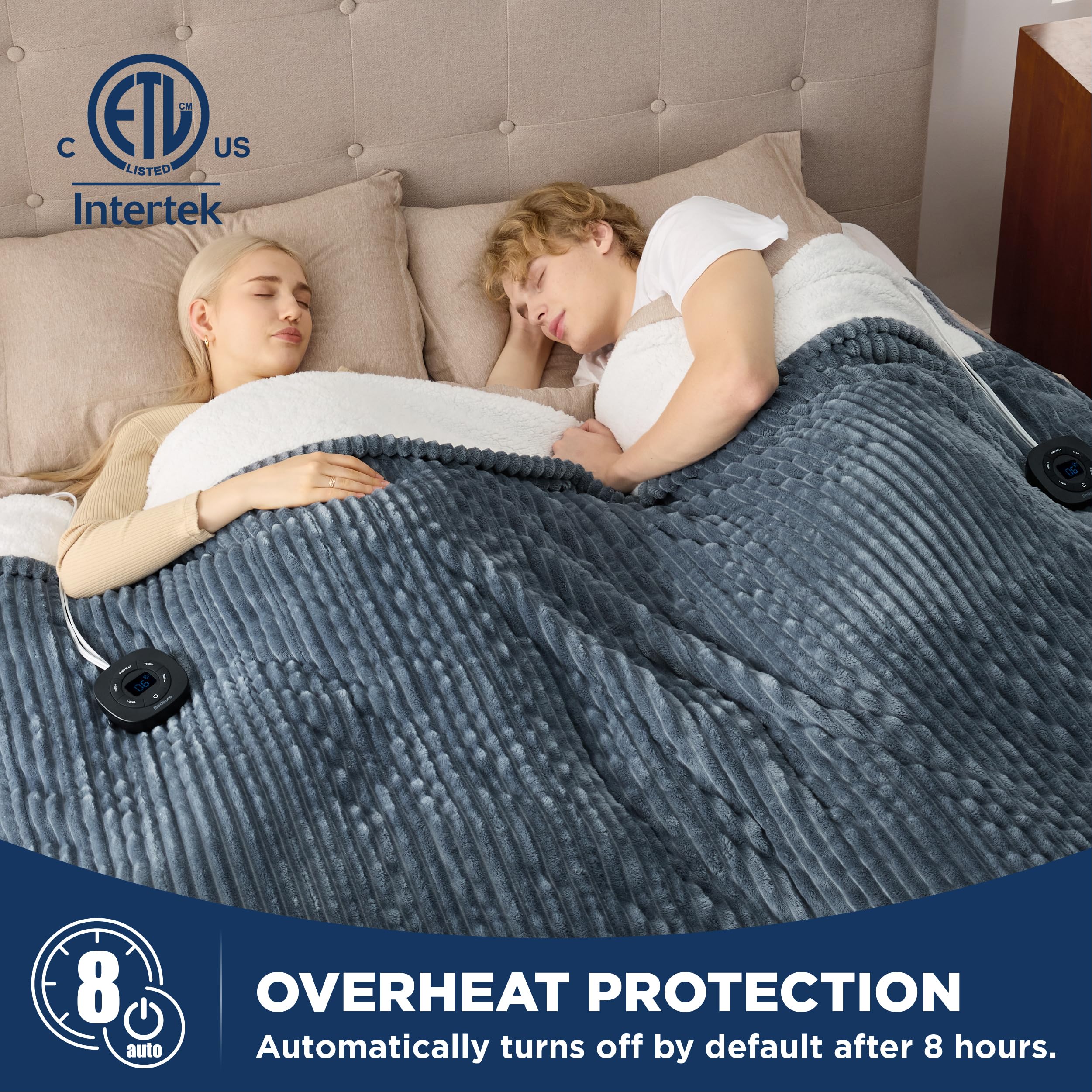 Bedsure King Size Electric Heated Blanket - Soft Ribbed Flannel Dual Control Heating Blanket with 10 Heat & 10 Time Settings, 8-Hour Auto Shut Off (90x100 inches, Grey) | Perfect for Winter Nights, Bedroom Comfort & Cozy Home Relaxation