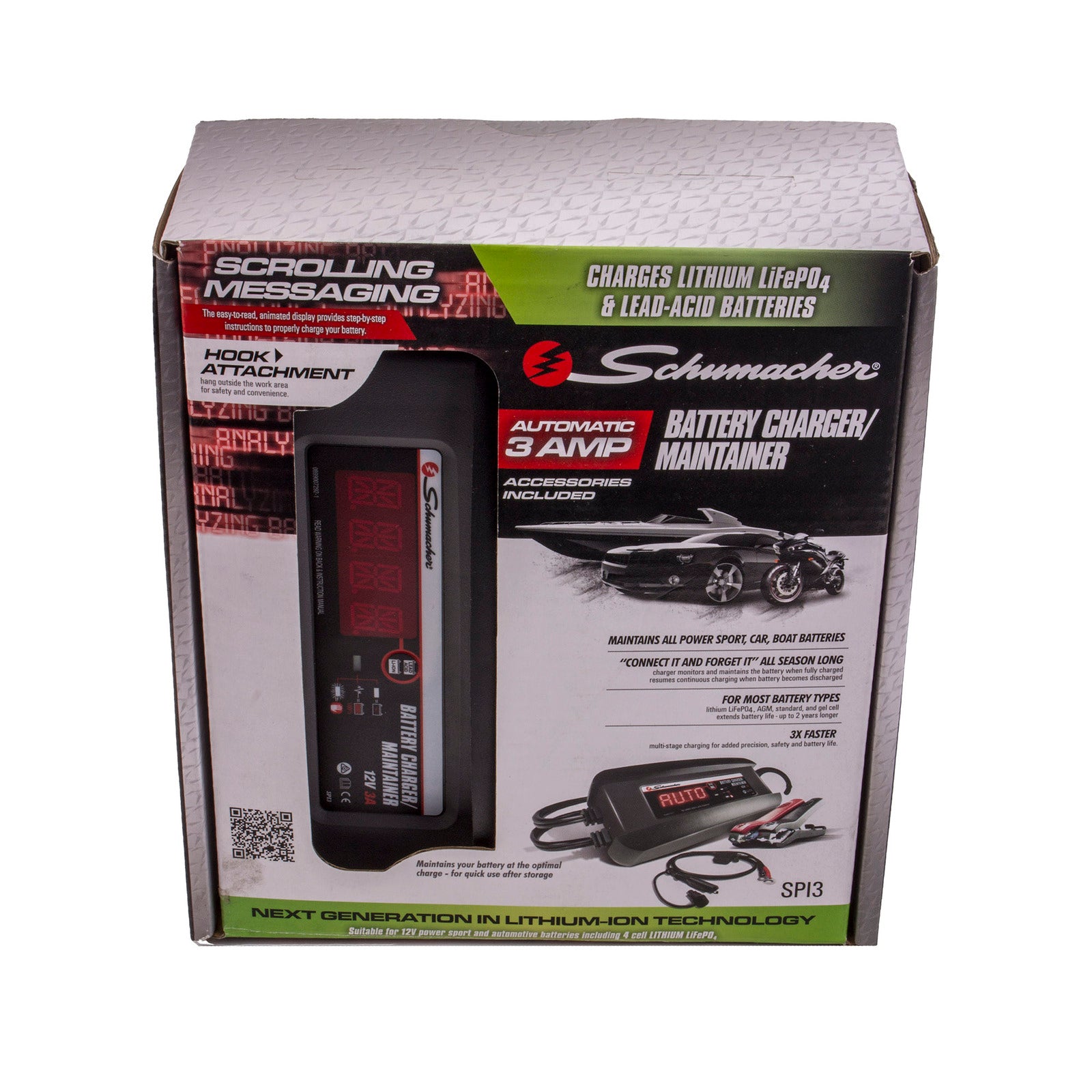12V 3A Lithium Ion Battery Charger and Maintainer - Fast Charging for Cars, Motorcycles, Boats & Power Sports - Perfect for Home, Garage & Outdoor Use