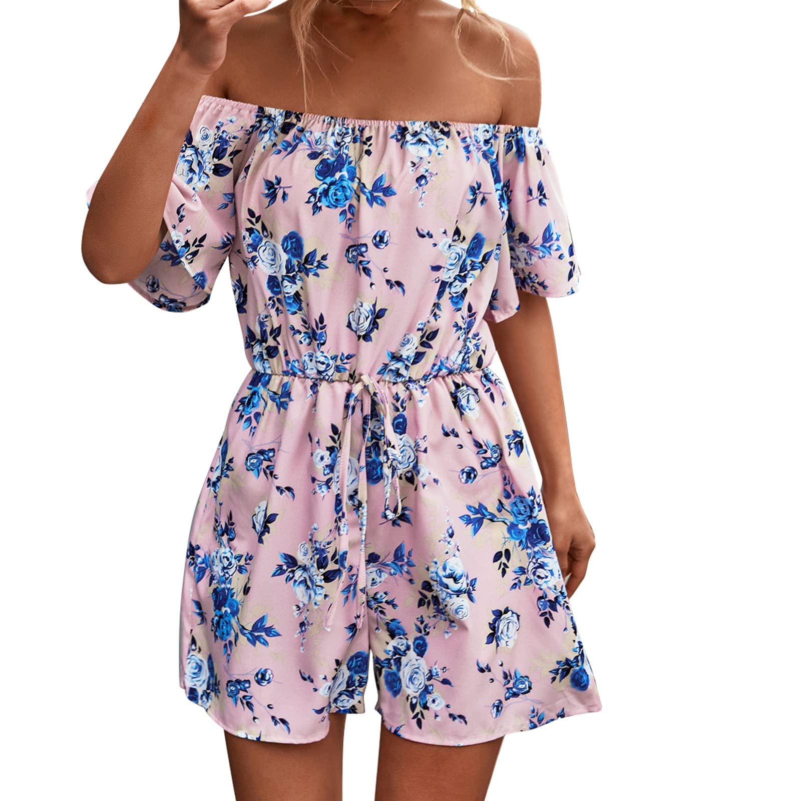 Women's Floral Print Short Waist Romper with Adjustable Sleeves - Casual Summer Jumpsuit for Travel, Beach & Outdoor Activities (Pink, XL)