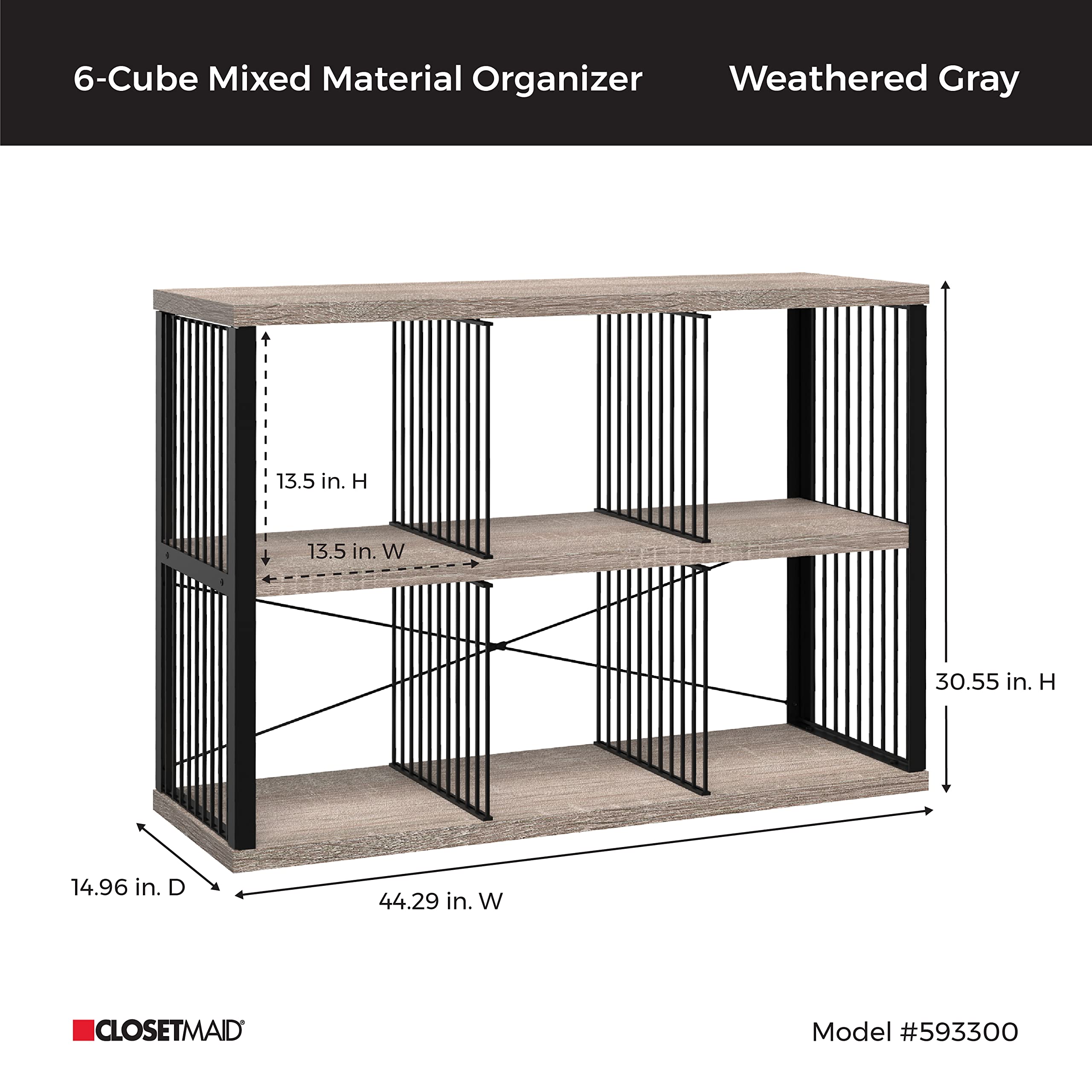 ClosetMaid 6-Cube Storage Organizer - Black/Weathered Gray Wooden Bookshelf with Metal Frame for Bedroom, Living Room & Office - Easy Assembly Storage Shelf for Books, Toys & Home Decor