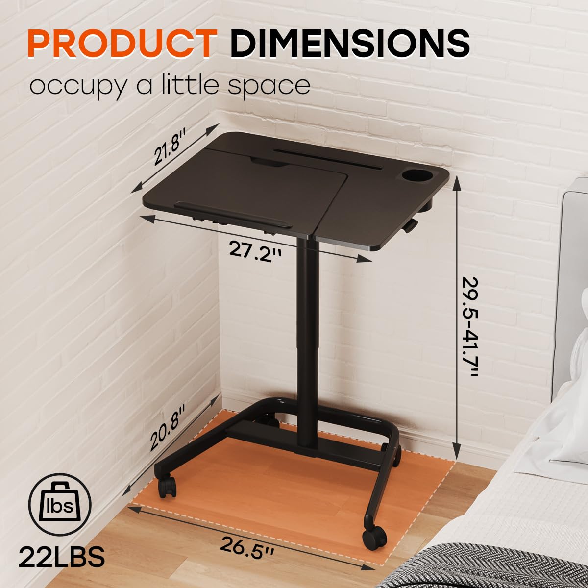 JOYworker Adjustable Mobile Standing Desk - 60° Tiltable Rolling Laptop Table with Wheels & Cup Holder, Portable Sit Stand Workstation for Home Office, Bed, Couch & Hospital Use, Supports Up to 22lbs, Black - Perfect for Remote Work, Gaming & Medical Professionals