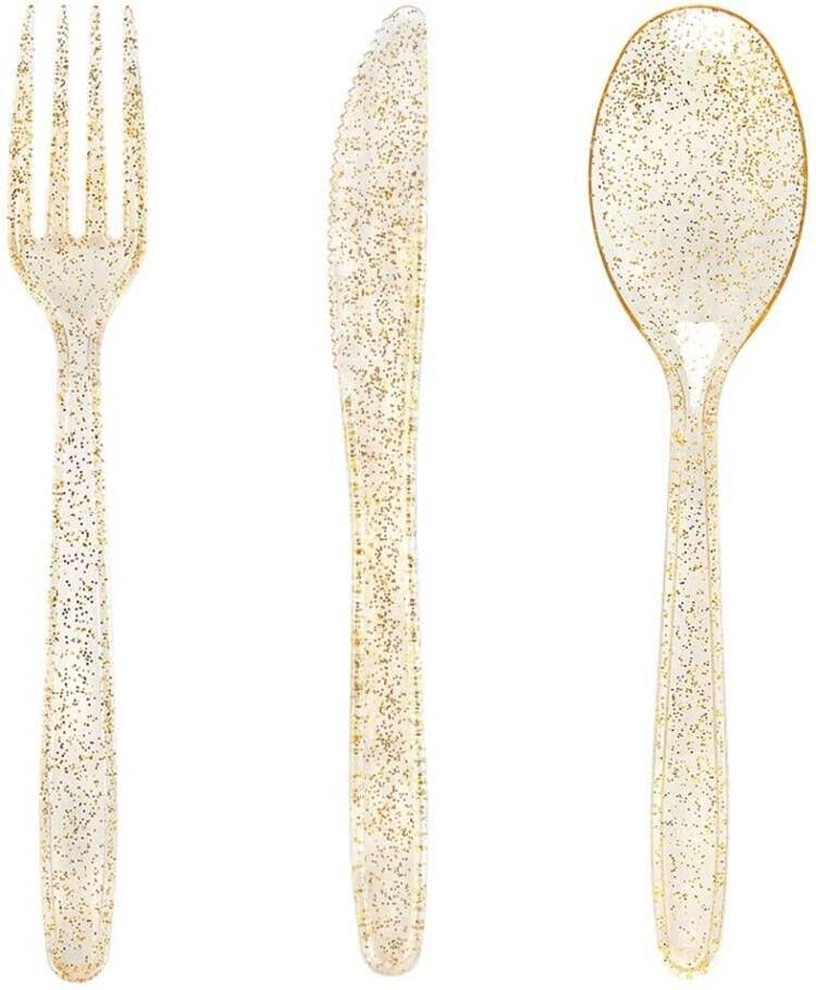 Premium 360 Gold Plastic Silverware Set - 100pcs Clear Plastic Plates with Elegant Gold Trim for Parties, Weddings & Events