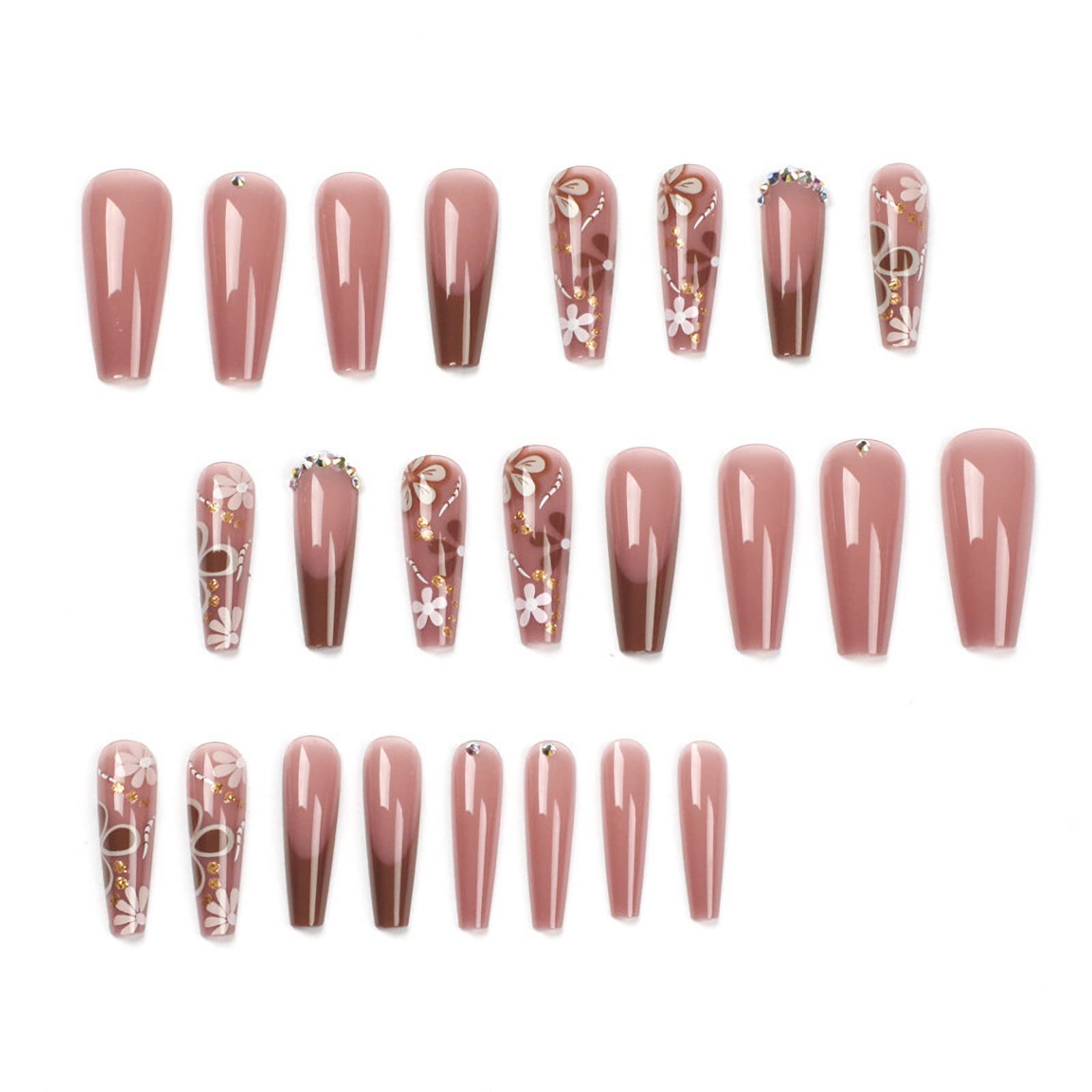 24pcs MISUD Long Press on Nails - Coffin Fake Nails with Rhinestone & Glitter, Acrylic Glossy Glue on Bling Artificial False Nails - Red Brown French Tip Flower Designs for Parties, Weddings & Special Occasions