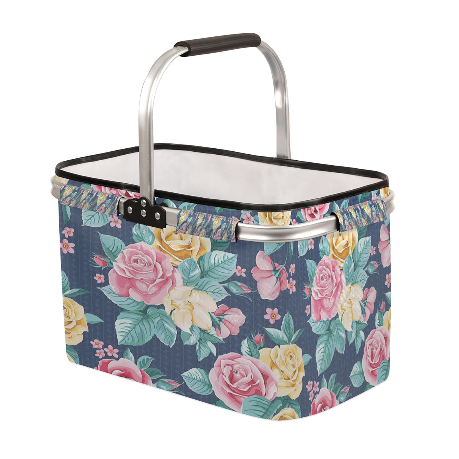 TropicalLife Floral Rose Collapsible Market Basket - Foldable Picnic Basket with Aluminum Alloy Frame & Polyester Fabric, Reusable Storage for Beach, Travel, Shopping, Camping - Perfect for Outdoor Adventures, Grocery Trips and Picnics