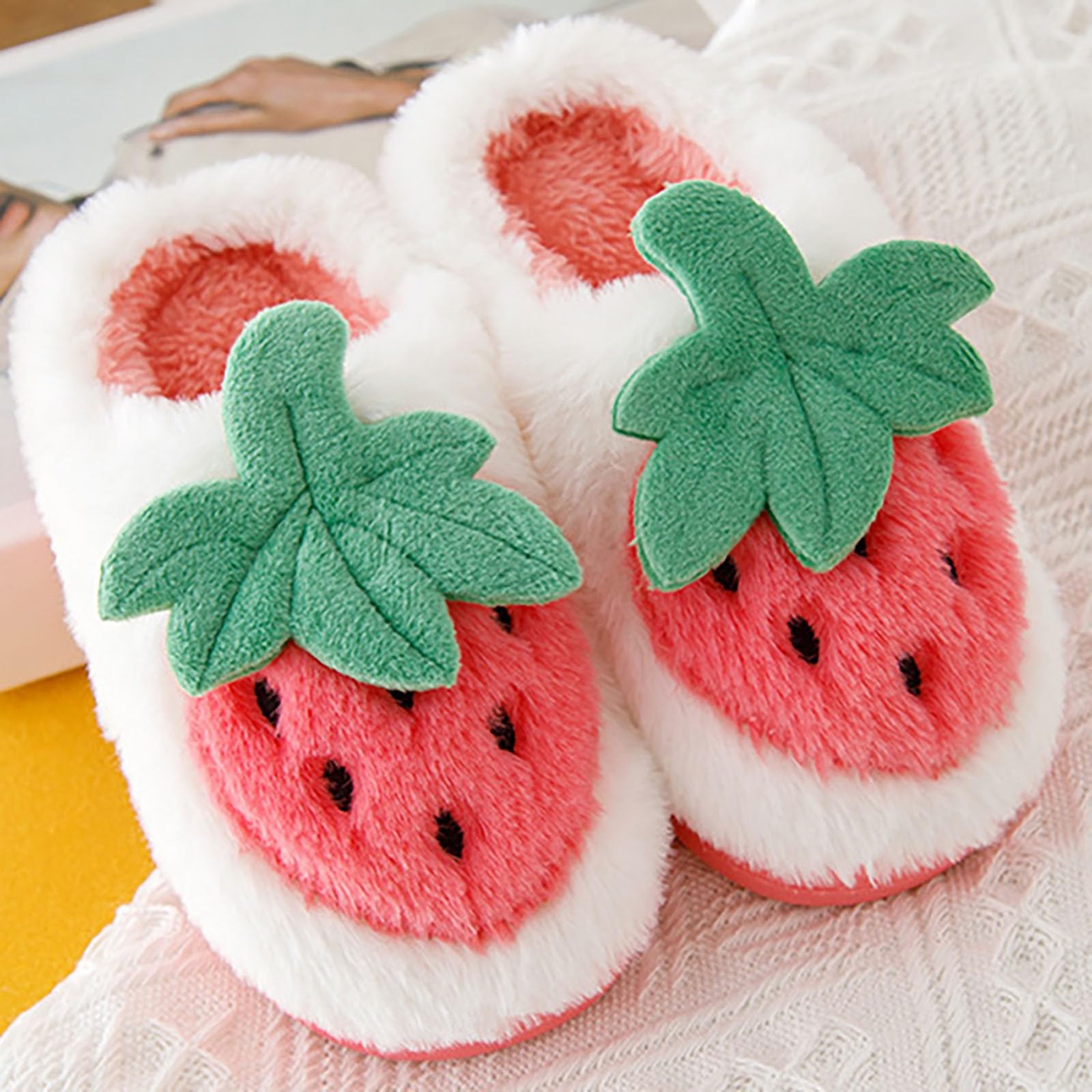 Toddler Girls Winter House Slippers - Cute Strawberry Cartoon Print Flocked Soft Shoes for Warm Indoor Wear | Cozy Home Slippers for Kids' Playtime & Relaxation