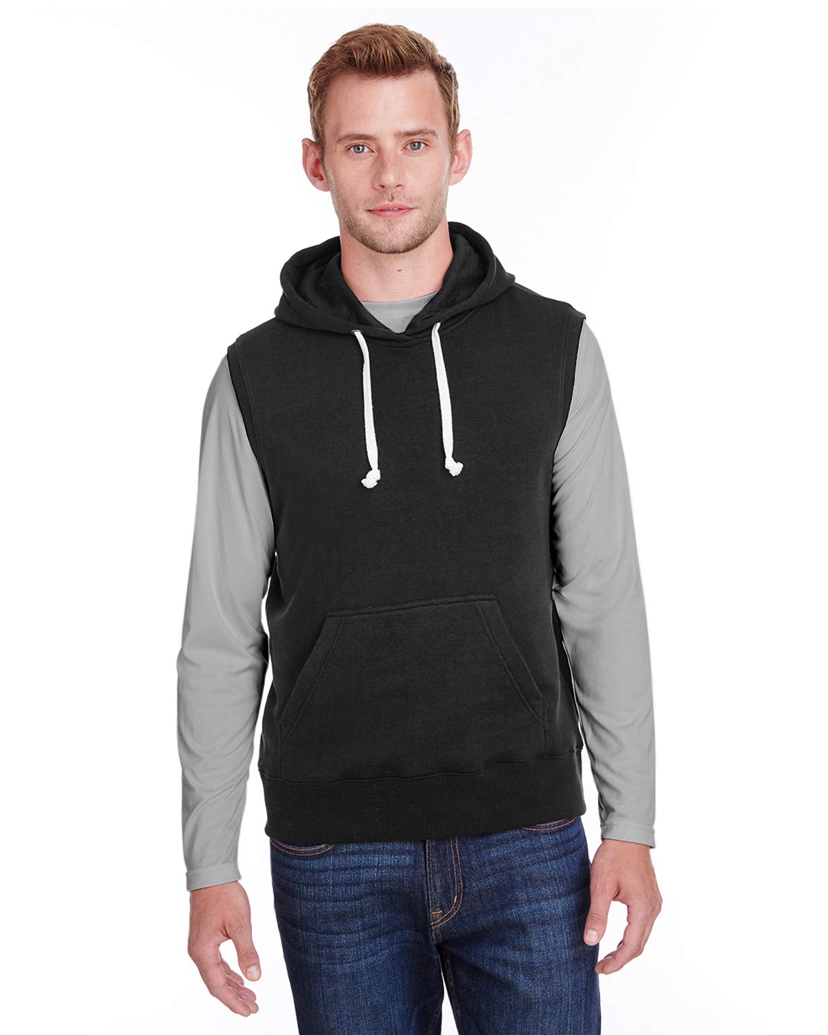 J America Men's Triblend Fleece Sleeveless Hooded Sweatshirt - Lightweight Comfort Pullover for Gym, Running & Outdoor Activities - Size M - Black