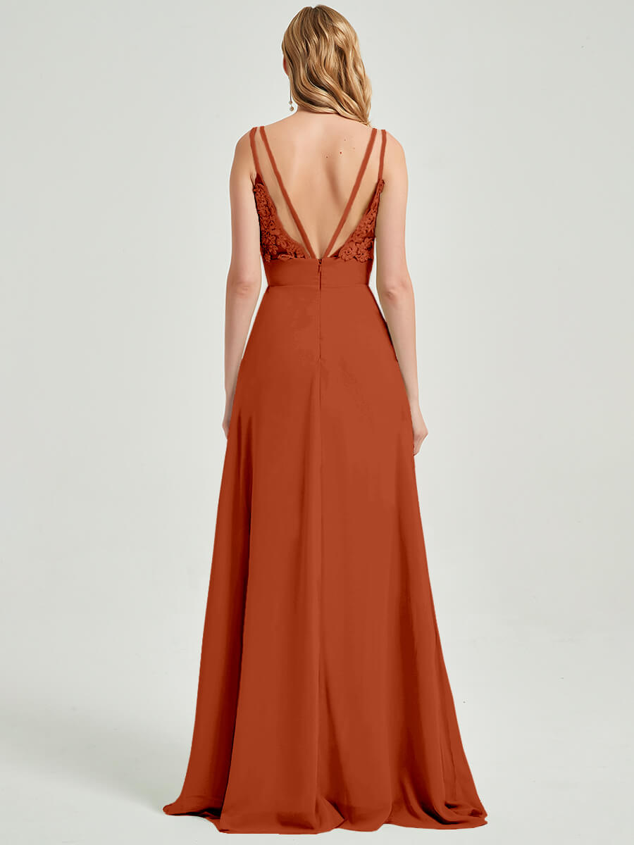 Elegant Burnt Orange Spaghetti Strap Slit Lace Chiffon Maxi Dress for Bridesmaids - Perfect for Weddings, Prom, Evening Parties & Formal Events