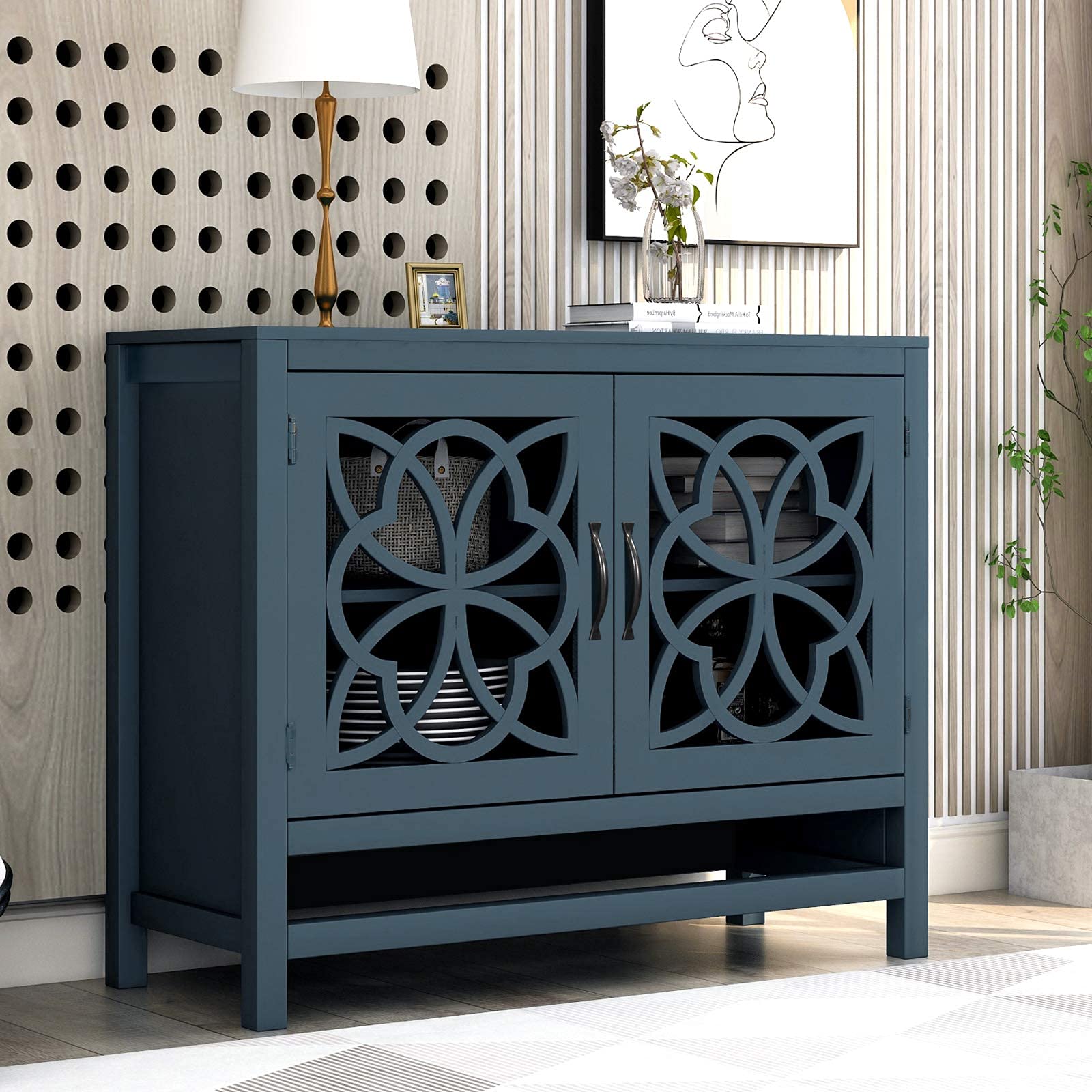XINdream Wood Accent Storage Cabinet - Adjustable Shelf Buffet Sideboard, Floor Standing Kitchen & Dining Room Cabinet, Console Table for Living Room, Hallway, Entryway | Home Organization & Storage Solution (Blue)