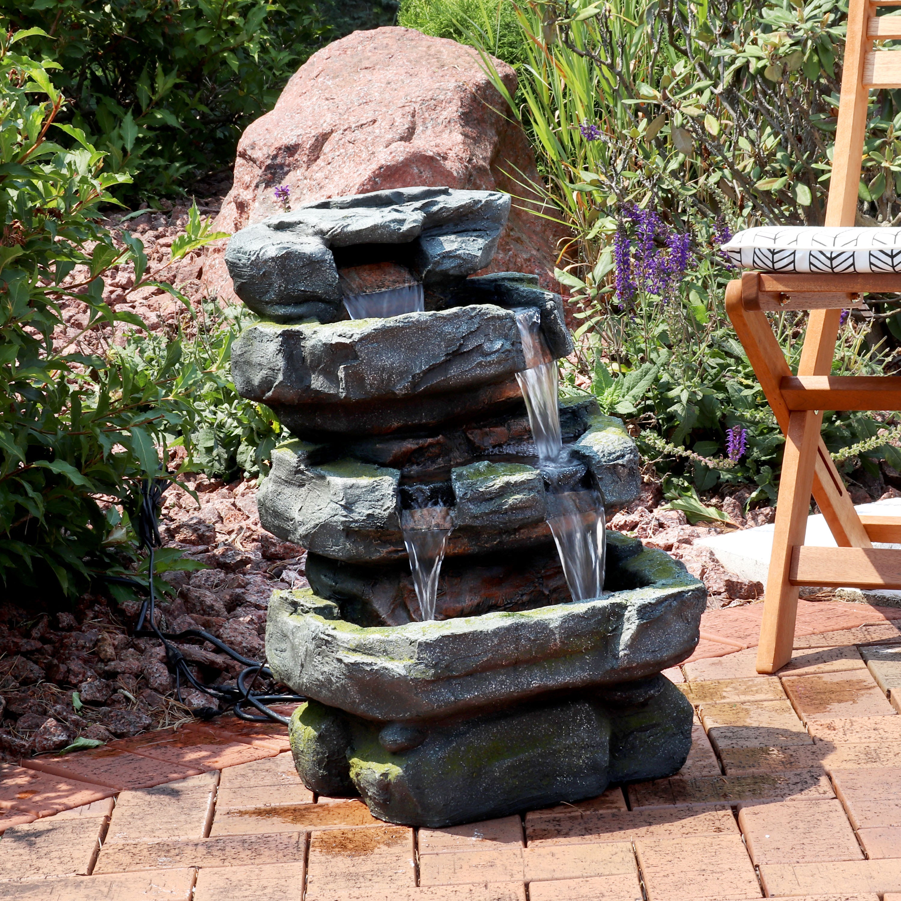 Sunnydaze Outdoor Electric 3-Tier Stone Waterfall Fountain with LED Lights - 23 Inch Height - Perfect for Garden, Patio, and Backyard Decor
