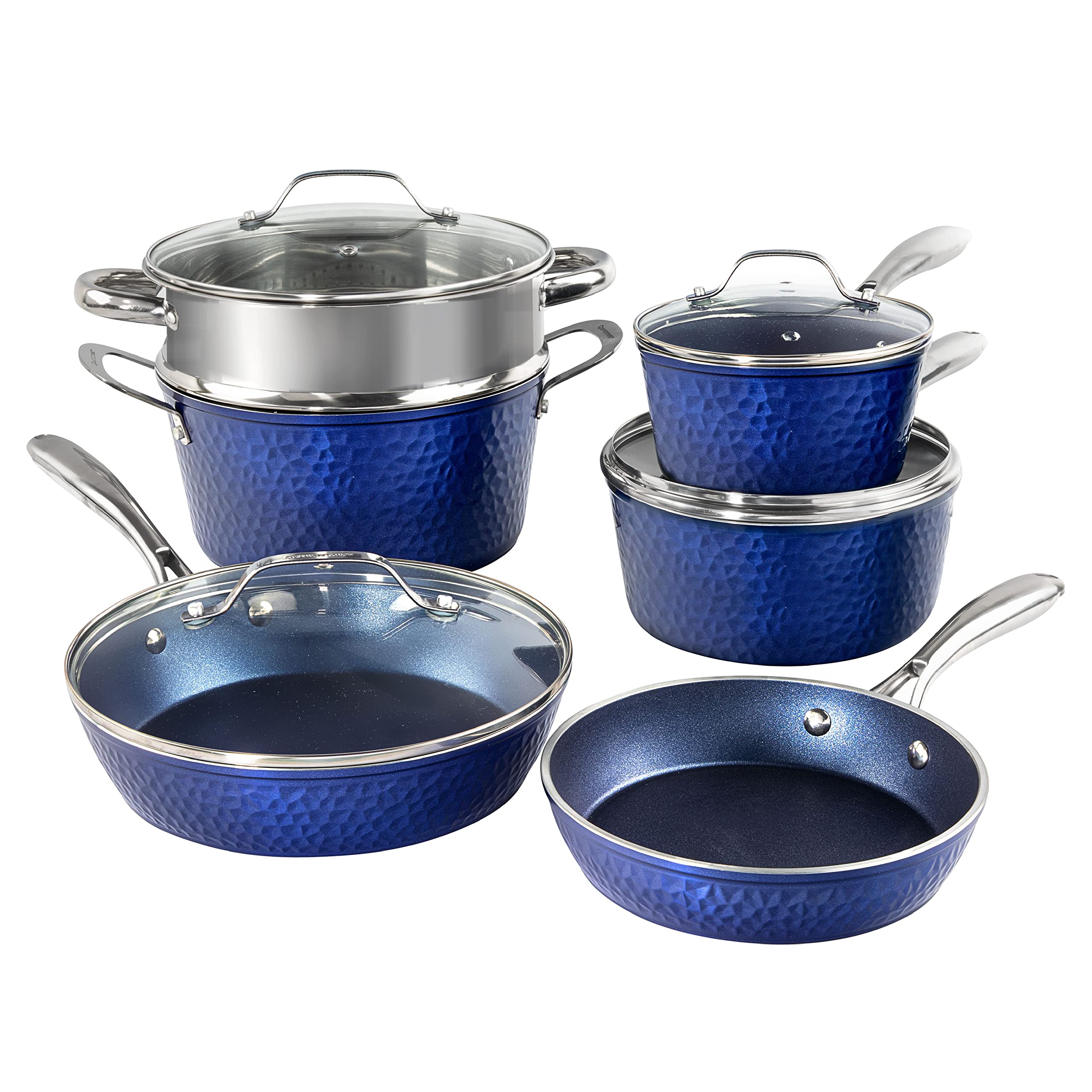 Granitestone 10-Piece Nonstick Cookware Set with Hammered Design - Induction Compatible Pots & Pans, Dishwasher Safe, PFOA Free, Stay-Cool Handles (Blue) - Perfect for Home Cooking, Professional Chefs & Family Kitchens
