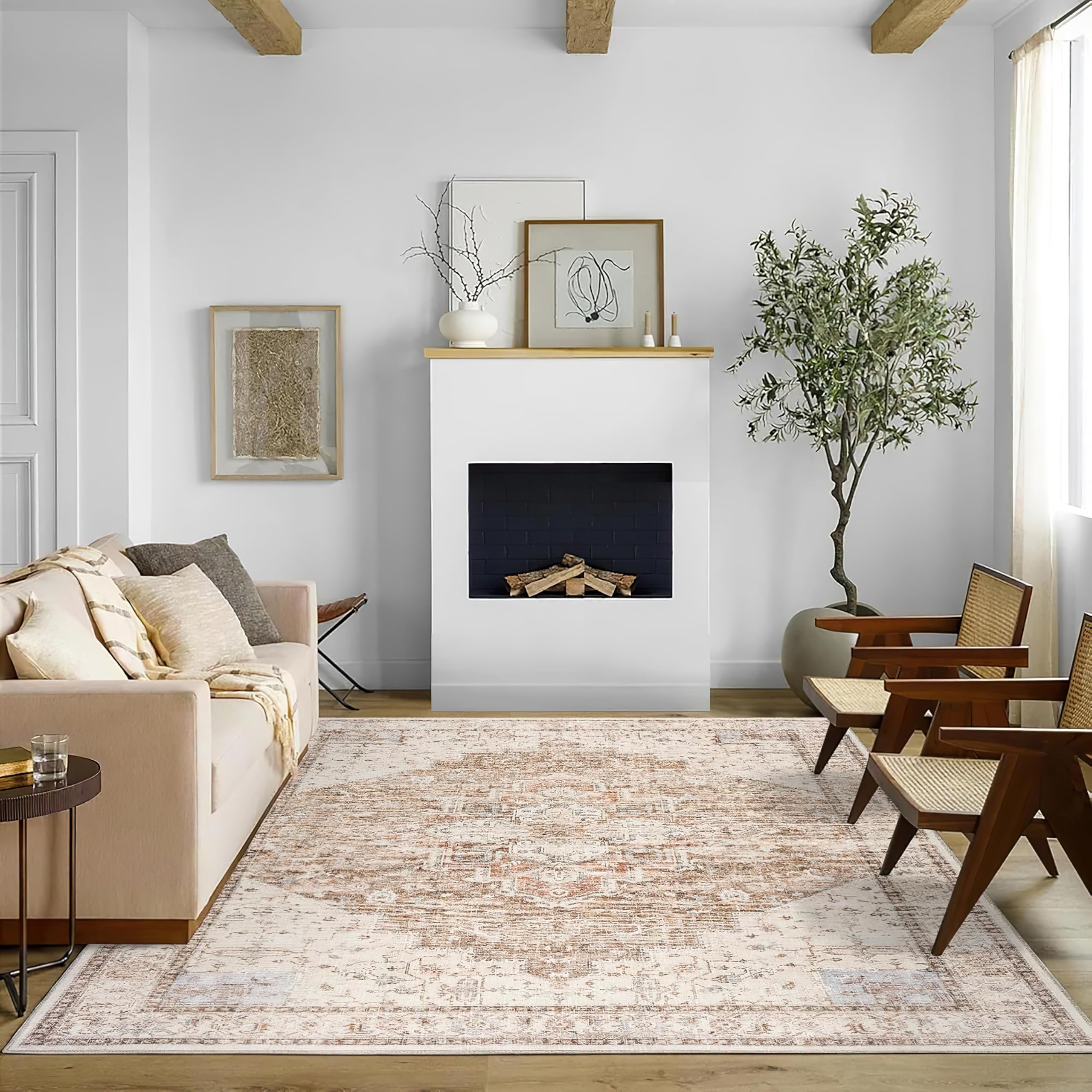 Boho Farmhouse Vintage Washable Area Rug 6x9 Feet - Stain Resistant, Easy Clean, Neutral Earth Tone with Rust Terracotta Pattern - Perfect for Bedroom, Dining Room Under Table, Living Room Decor (Light Tan Brown Beige)