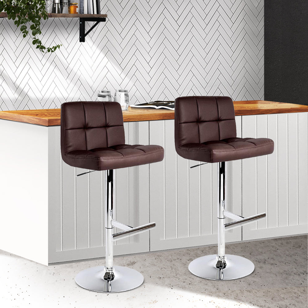 2 Brown Leather Bar Stools with Gas Lift Mechanism - Perfect for Kitchen Islands, Breakfast Bars & Home Bars