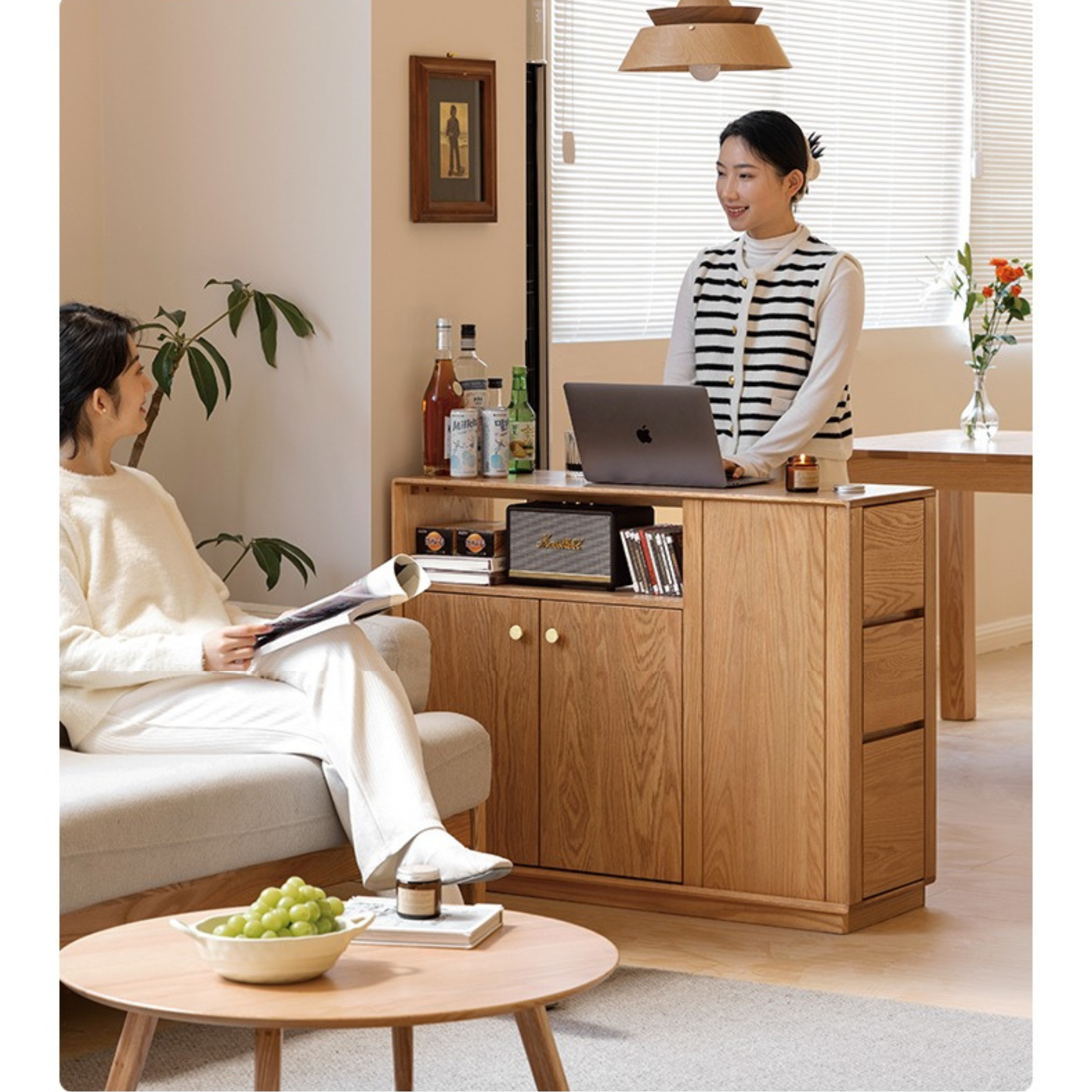 Solid Oak Wood Modern Nordic Sideboard - Mid-Century Buffet Cabinet for Dining Room, Living Room & Entryway Storage