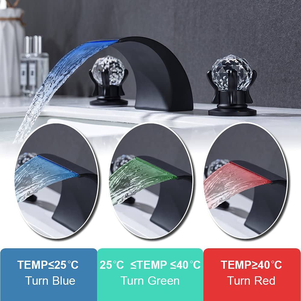 3 Hole 2 Handle Widespread LED Waterfall Bathroom Sink Faucet with Dual Crystal Handles - 8 Inch Matte Black Basin Mixer Tap with Supply Hose - Perfect for Modern Vanities & Luxury Bathroom Renovations