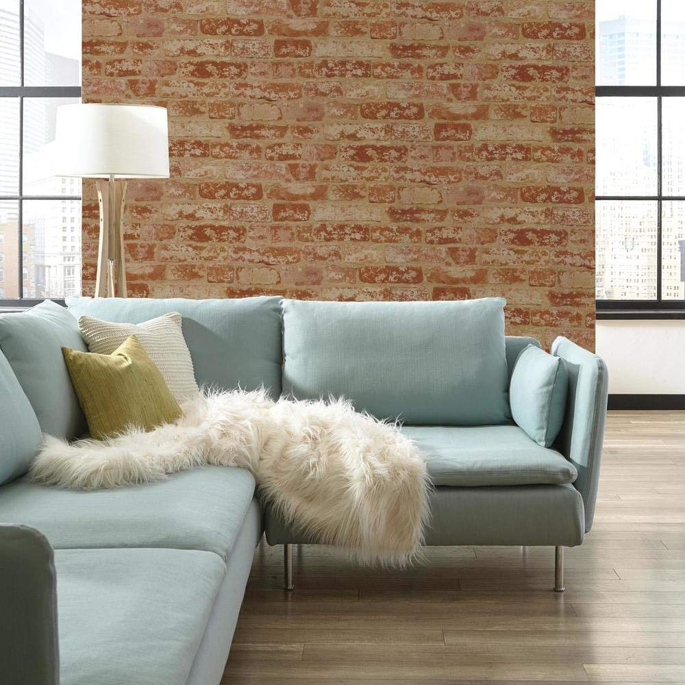 RoomMates York Wallcoverings Removable Peel & Stick Wallpaper - Stuccoed Brick Design in Rust Red, Barn Red, Ivory, Beige & Wine Red | Easy DIY Home Decor for Bedroom, Living Room & Office Walls
