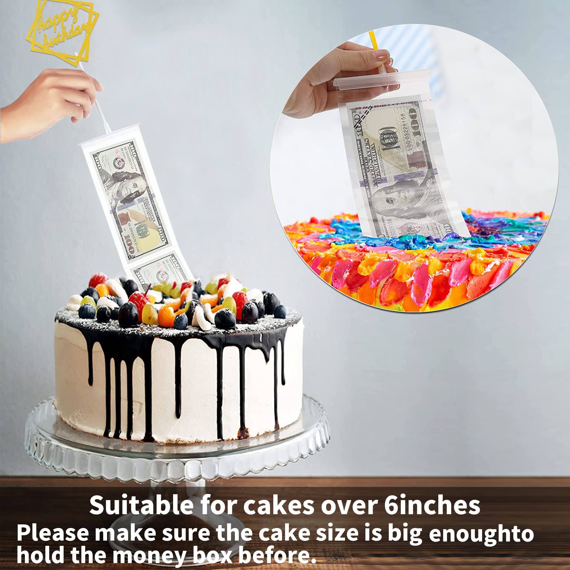 VAIIEYO Money Cake Box - Clear Pull Out Money Cake Kit with Gold Topper & 20 Transparent Bags for Birthday Party Decorations | Perfect for Surprise Cash Gifts, Graduation Celebrations & Special Occasion Cakes
