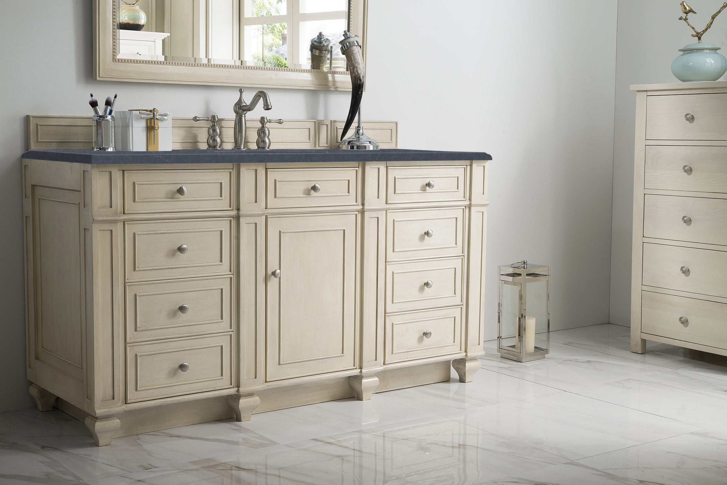 Bristol 60 Inch Single Bathroom Vanity in Vintage Vanilla with 3CM Charcoal Soapstone Quartz Top - Perfect for Modern Farmhouse & Coastal Bathroom Designs