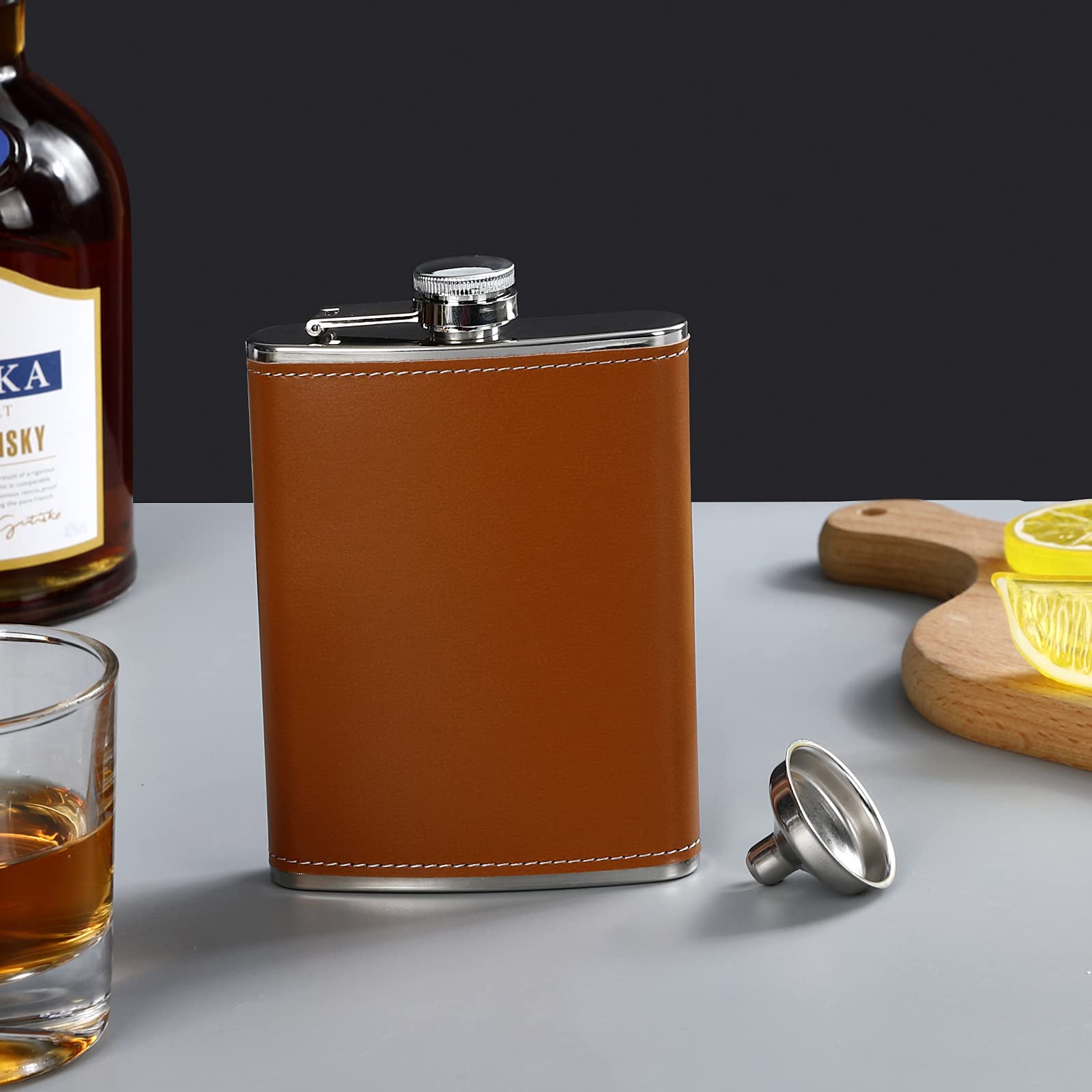 Premium 8 Oz Stainless Steel Leather Hip Flask with Funnel - Great for Whiskey, Bourbon & Liquor - Perfect Gift Set for Men, Camping, Weddings & Parties (Set of 8) - Durable & Leakproof for Outdoor Adventures & Special Occasions
