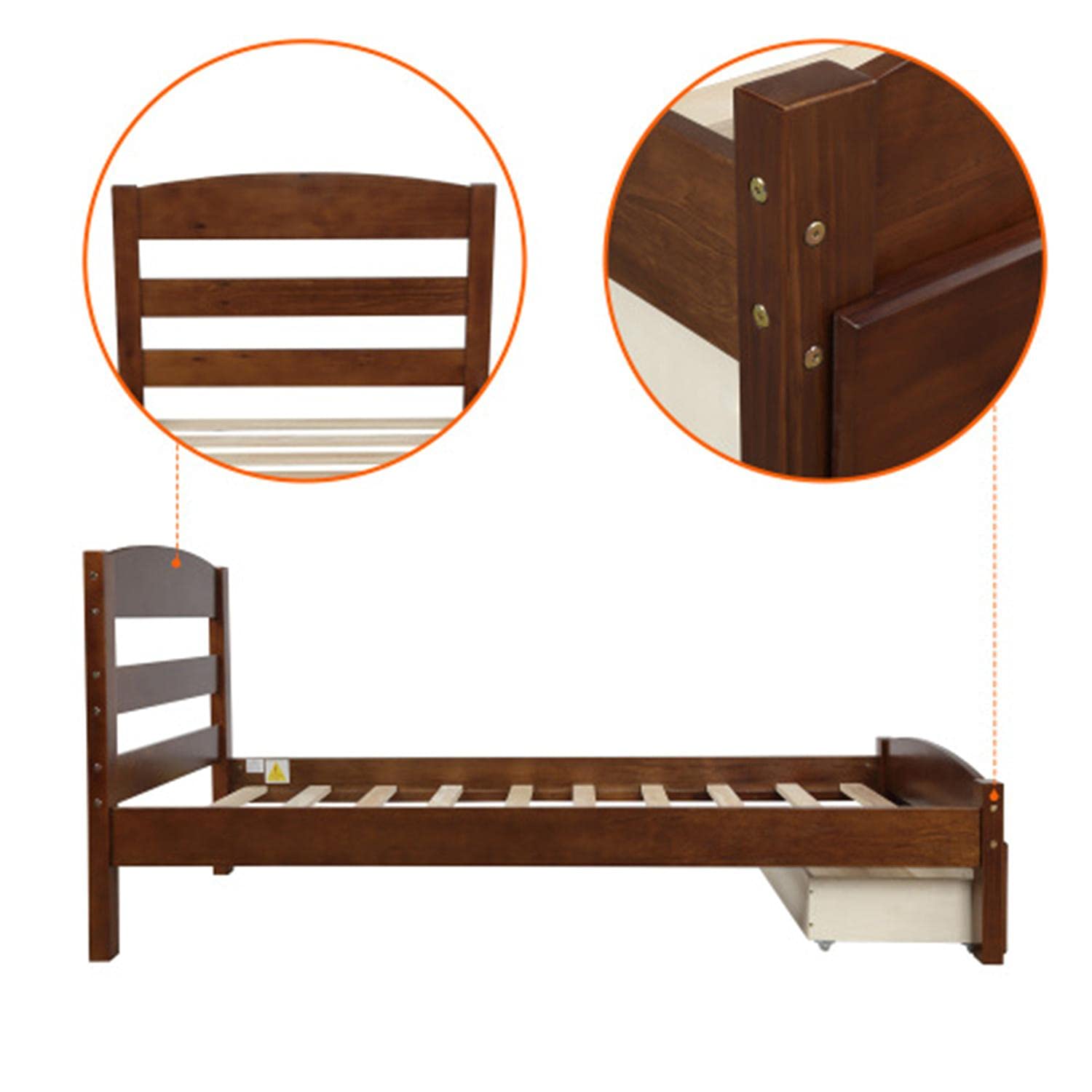 Twin Size Wooden Platform Bed Frame with Drawer & Slats Support - No Box Spring Needed - Sturdy Walnut Bed for Kids, Boys & Girls - Perfect for Small Bedrooms, Dorm Rooms & Guest Rooms