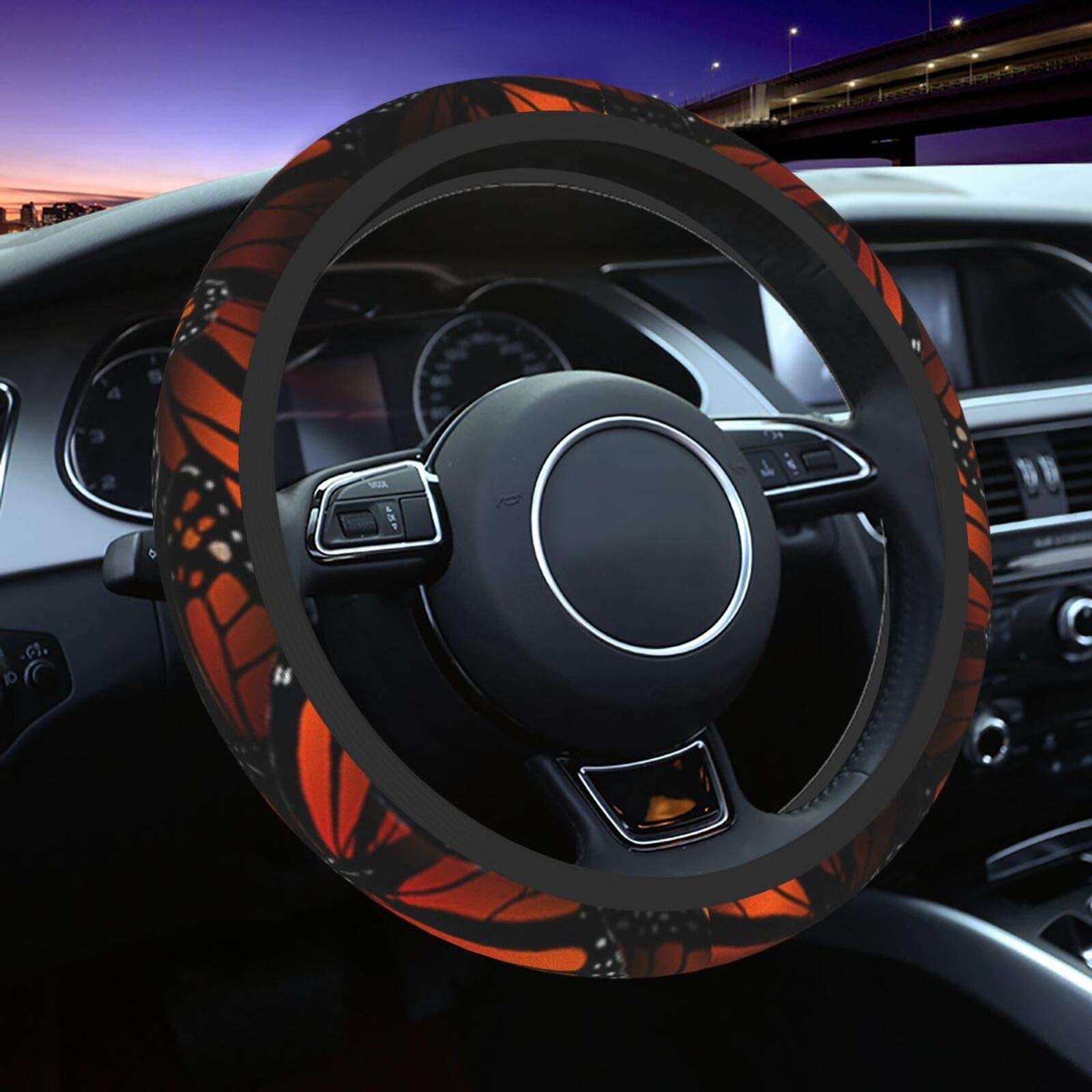 Universal 15 Inch Anti-Slip Steering Wheel Cover with Sweat Absorption - Monarch Butterfly Design for Cars, SUVs, Vans, Sedans & Trucks | Perfect for Summer Driving & Long Road Trips