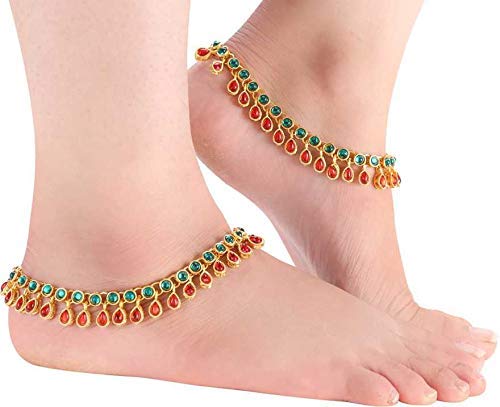 Gold Plated Indian Traditional Bollywood Style Kundan Anklet Payal for Women - Elegant Ethnic Barefoot Jewelry for Parties, Weddings & Festivals (A031MG)