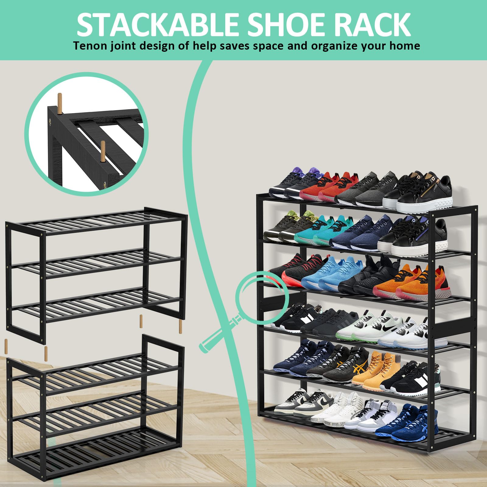 3-Tier Stackable Bamboo Shoe Rack Organizer - Holds 12-15 Pairs of Shoes for Closet, Entryway, Hallway, Bedroom & Garage - Space Saving Foldable Shoe Shelf (Black) - Perfect for Small Spaces & Shoe Storage Organization