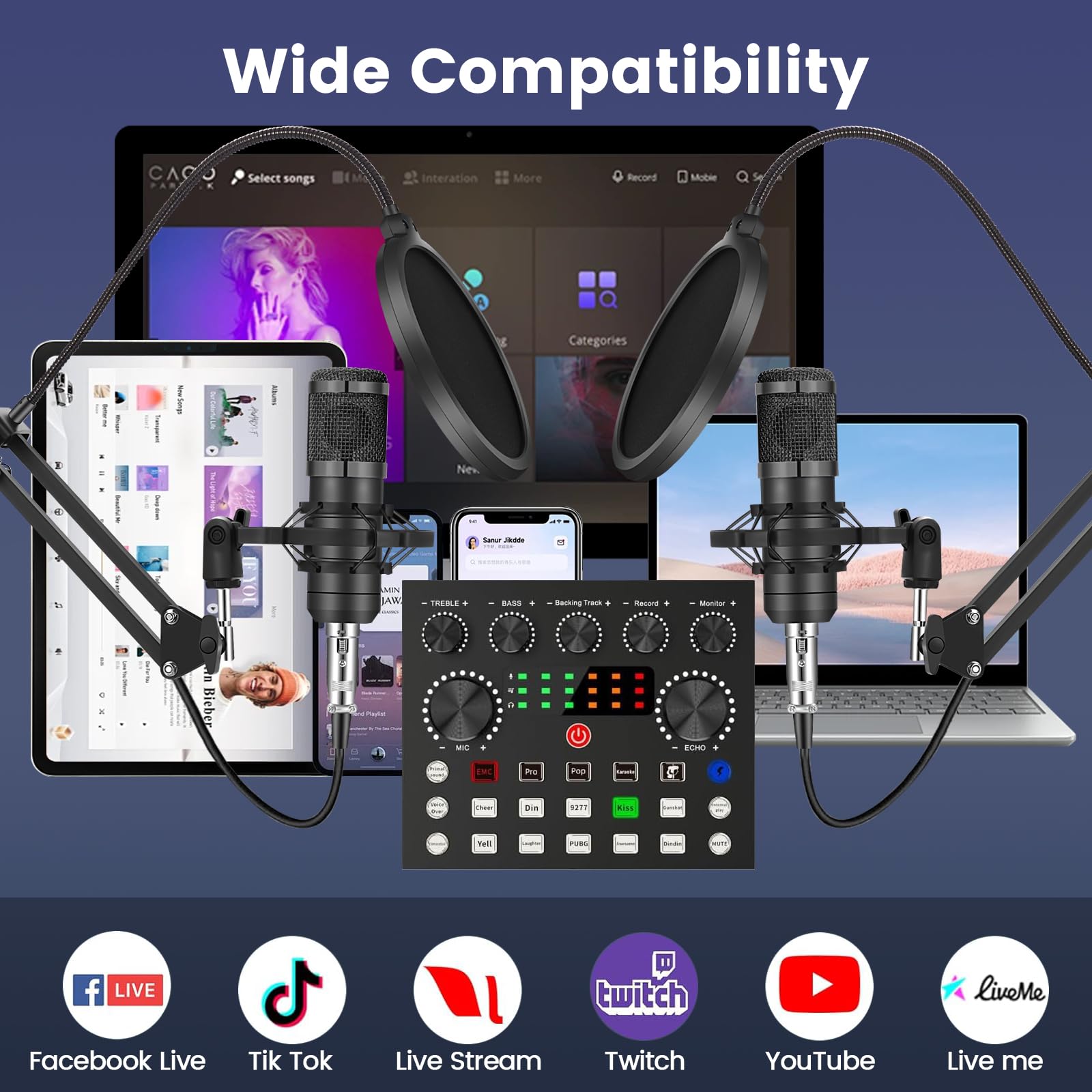 Professional Podcast Equipment Bundle for 2 - Audio Interface with Voice Changer, Condenser Mics for Gamers & Streamers - All-in-One Audio Mixer for Live Streaming, YouTube, Singing & Gaming - Perfect for Home Studios & Content Creation