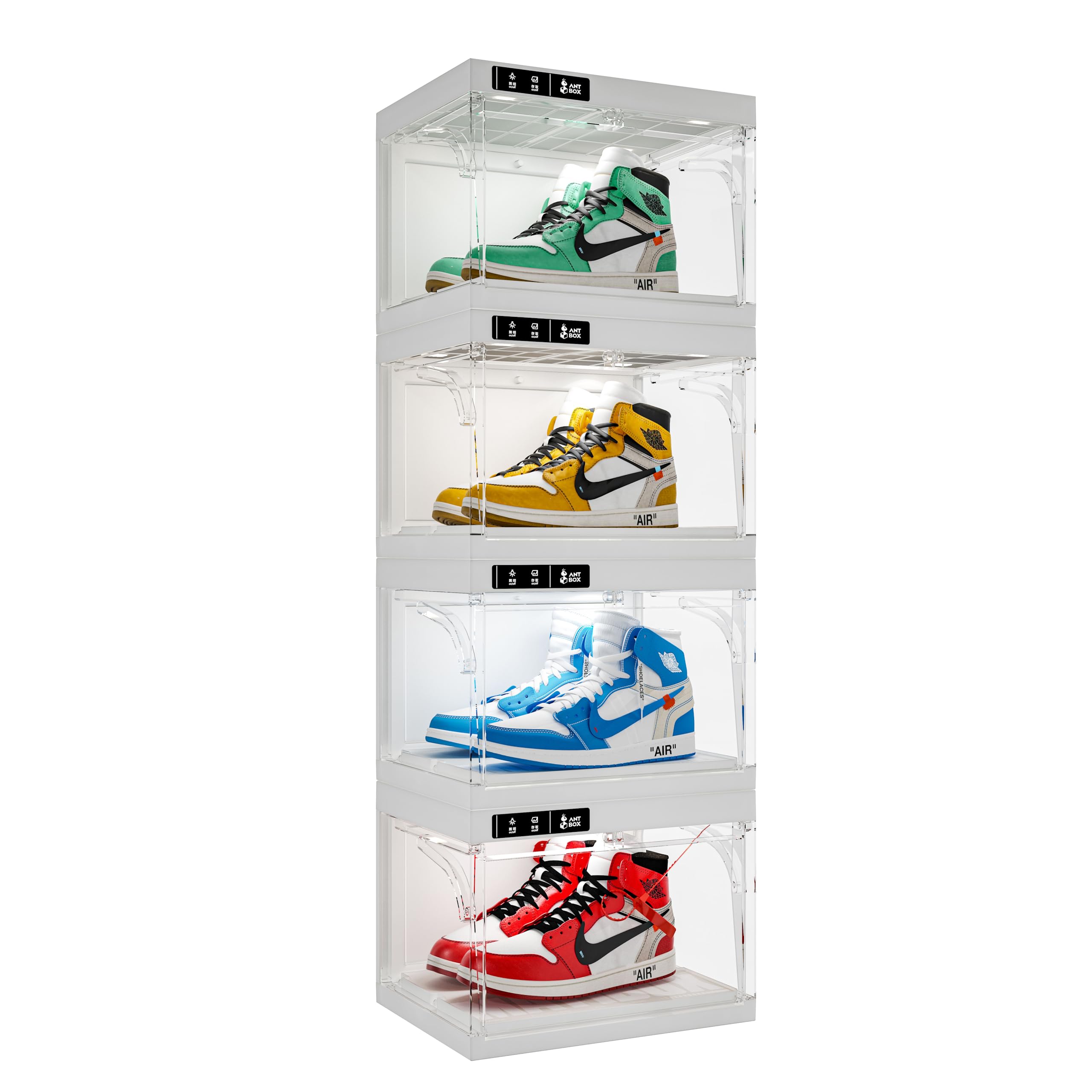 Smart LED Shoe Organizer Box - 4 Pack Clear Stackable Plastic Sneaker Display Case with Auto-Opening, White | Perfect for Sneaker Collection, Closet Organization & Home Decor