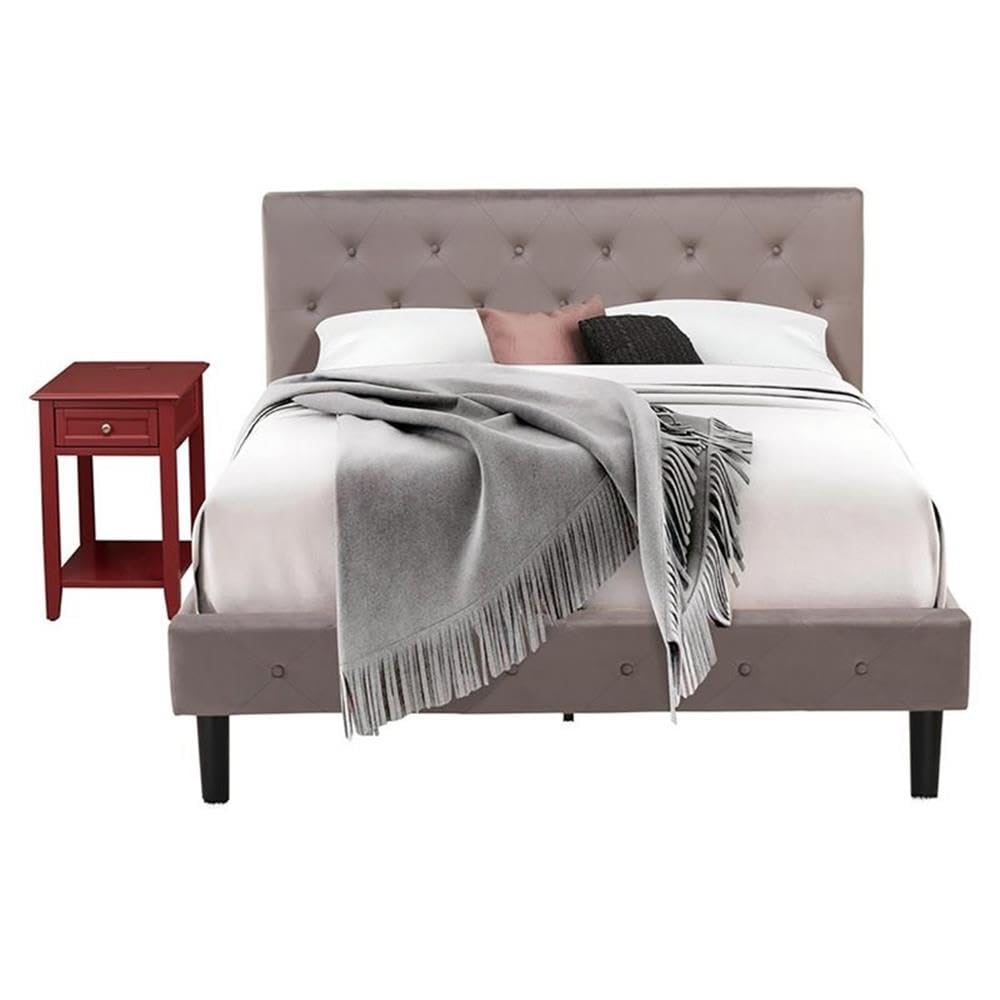 East West Furniture NL14Q-1DE13 2-Piece Queen Bed Set - Brown Taupe Velvet Upholstered Headboard & Burgundy Finish Nightstand - Modern Bedroom Furniture for Master Bedroom, Guest Room, or Apartment